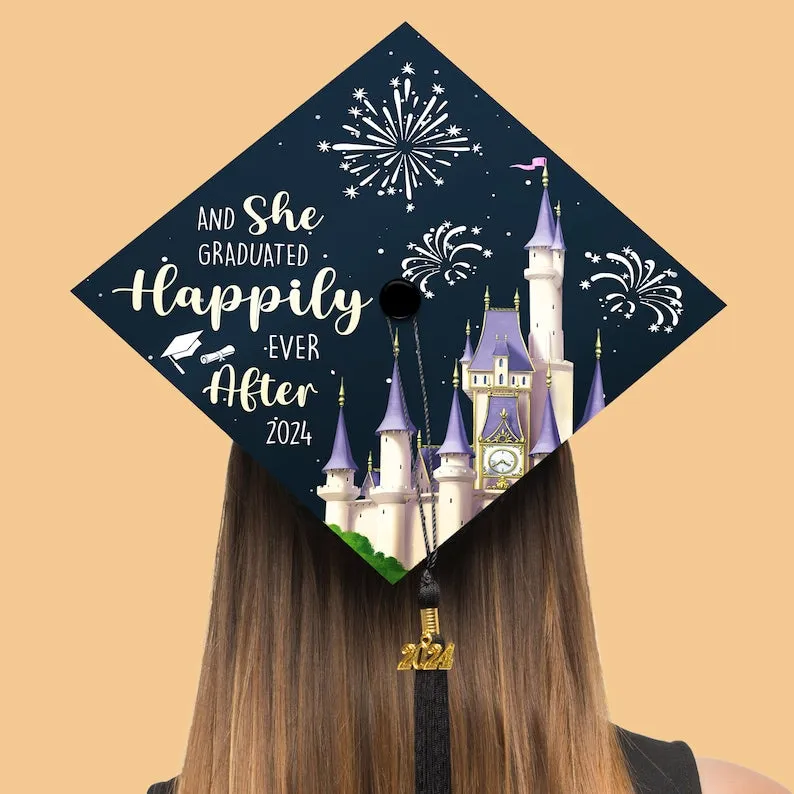 And She Graduated Happily Ever After Graduation Cap Topper, Disney Inspired Grad Cap Topper, Graduation Decor, Class of 2025