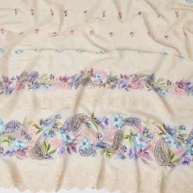 Beige Premium pure Swiss cotton voile fabric with multicolor print having same tone embroidery in floral design-D16985