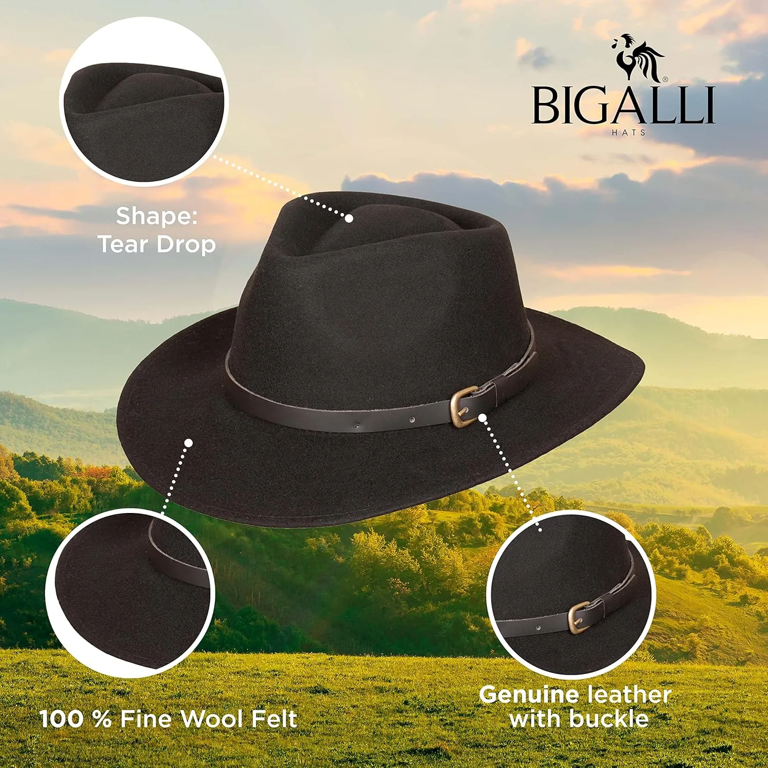 Bigalli Melbourne Wool Felt Fedora Hat for Women/Men Cowboy Hat Crushable Teardrop Winter Fall Hat | Mens Safari Hat