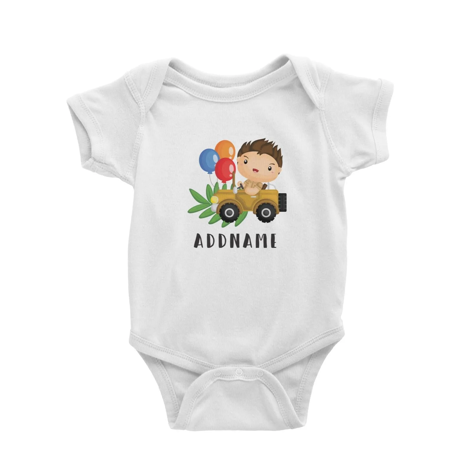 Birthday Safari Explorer Boy Driving Jeep Car Addname Baby Romper