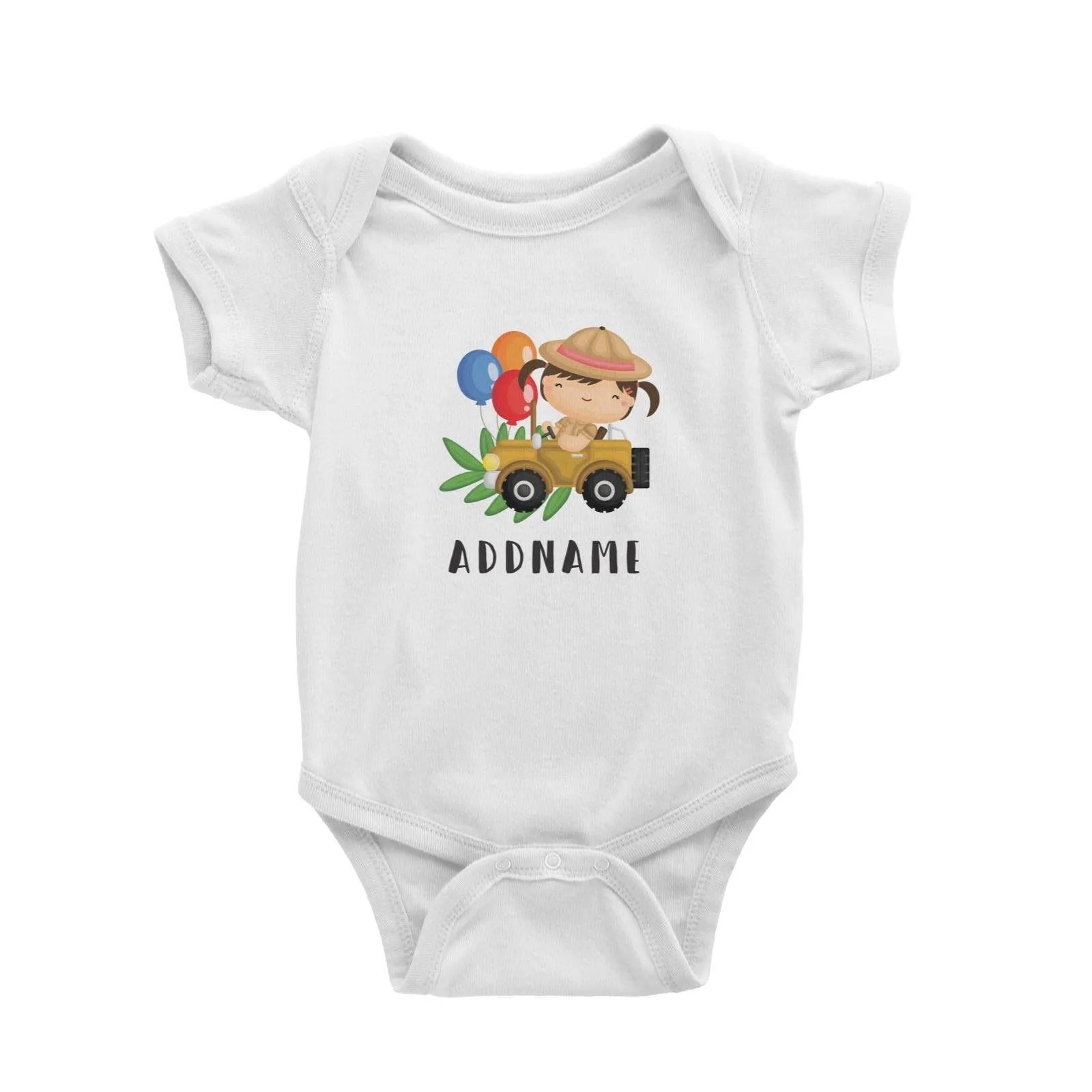 Birthday Safari Explorer Girl Driving Jeep Car Addname Baby Romper
