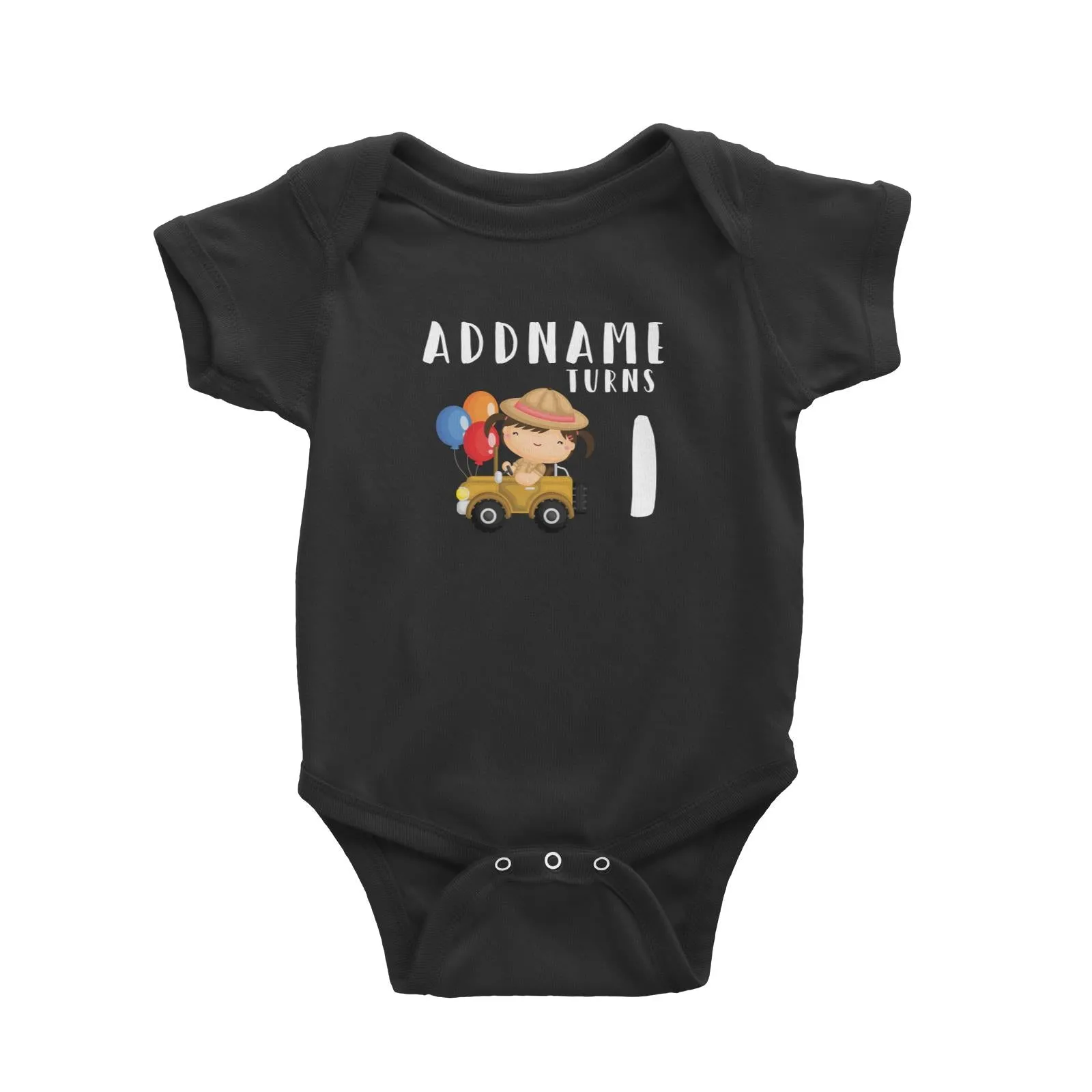 Birthday Safari Explorer Girl Driving Jeep Car Addname Turns 1 Baby Romper