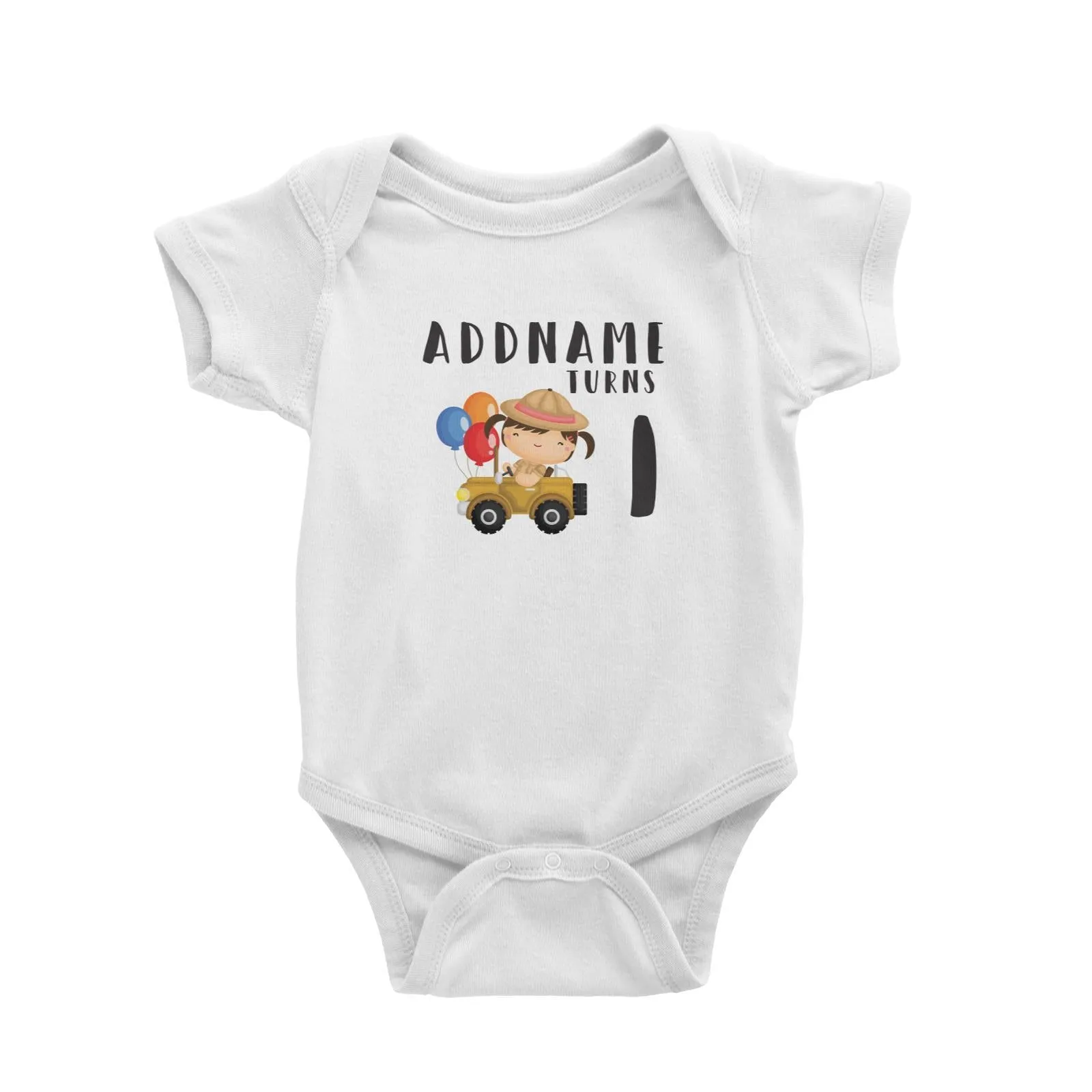 Birthday Safari Explorer Girl Driving Jeep Car Addname Turns 1 Baby Romper