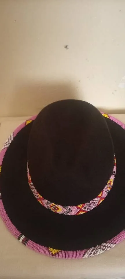 Black fedora hat with purple/fuchsia bead work with free shipping world wide