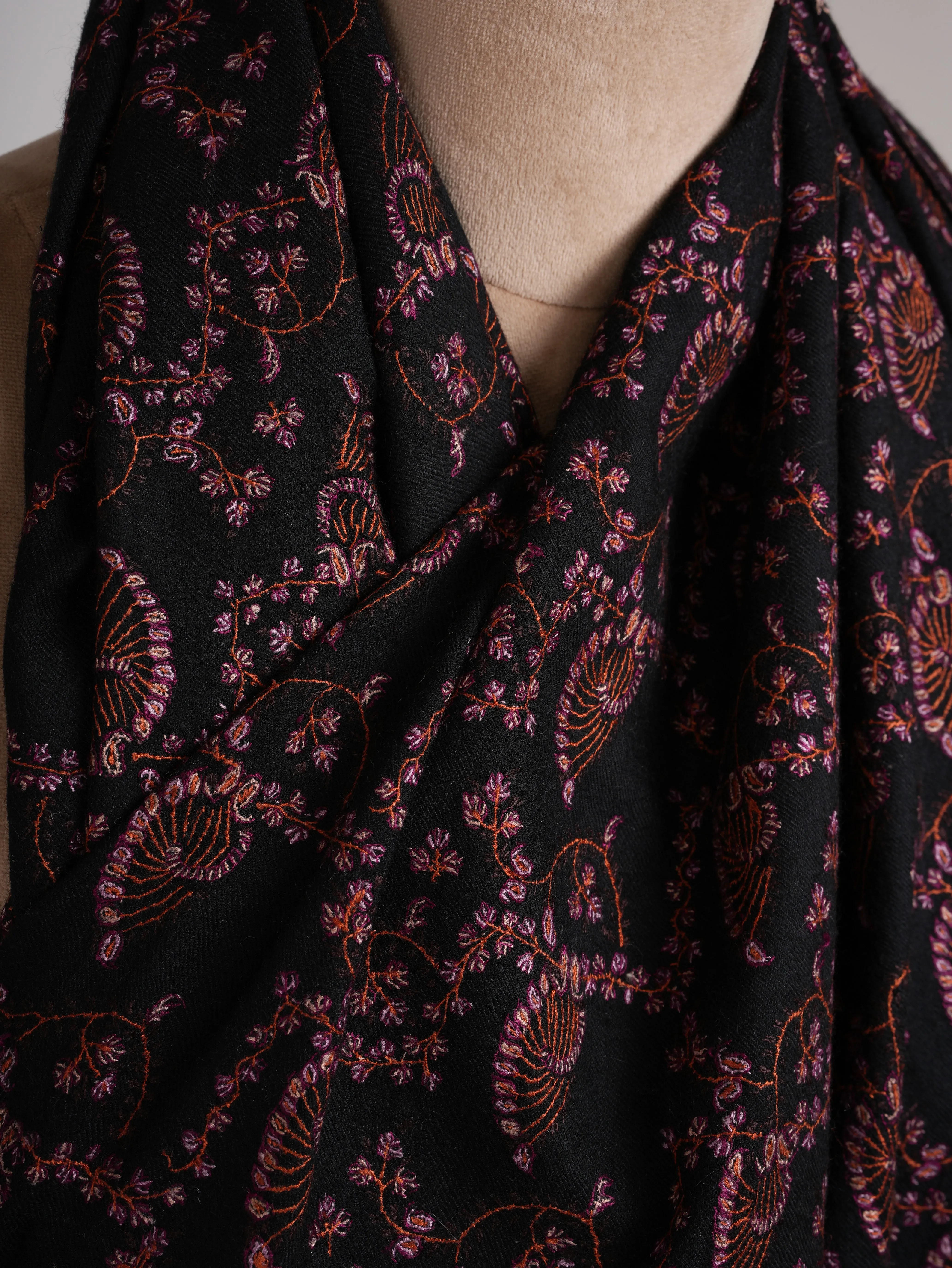 Black Pashmina Shawl with Sozni Embroidery