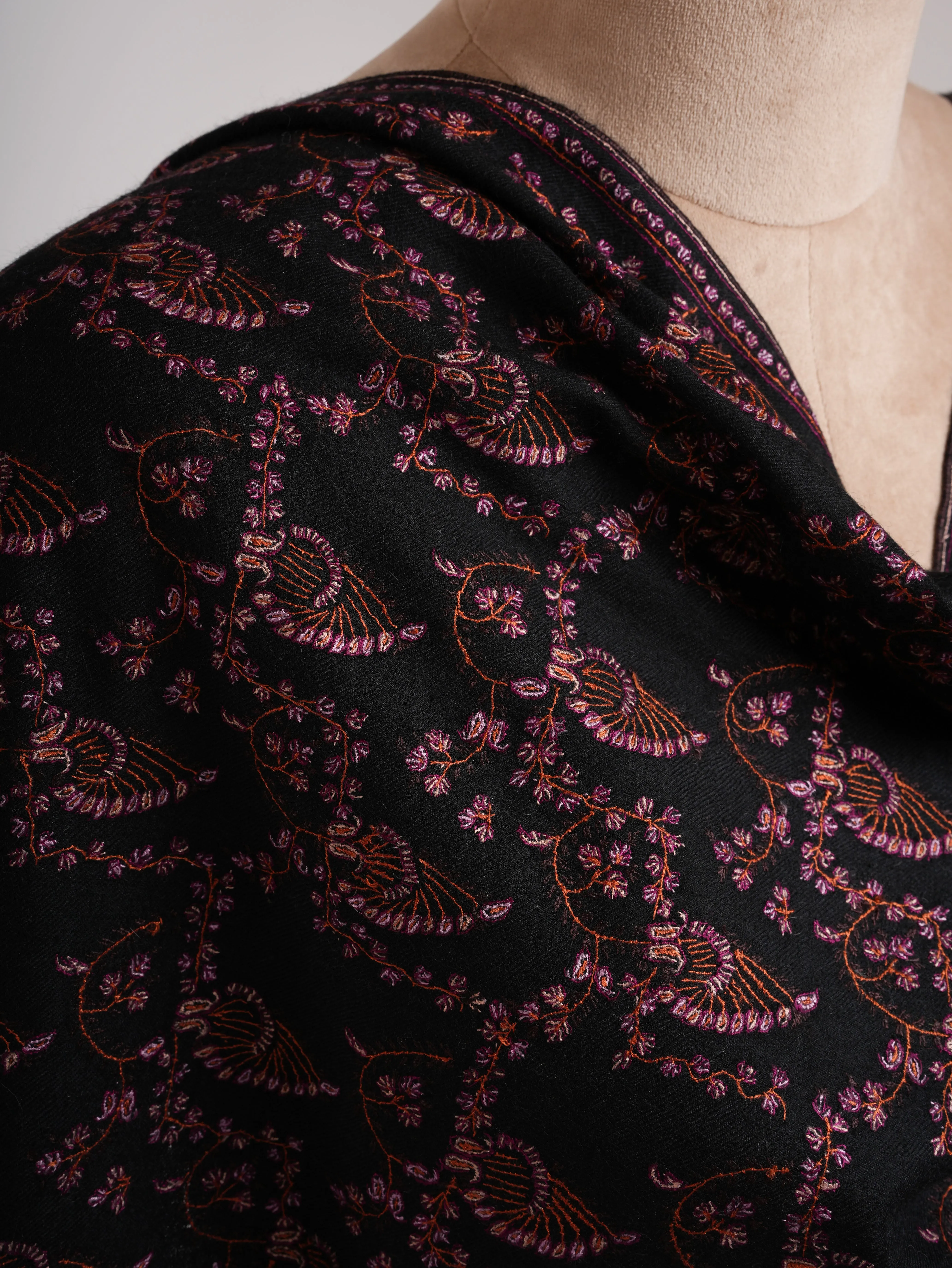 Black Pashmina Shawl with Sozni Embroidery