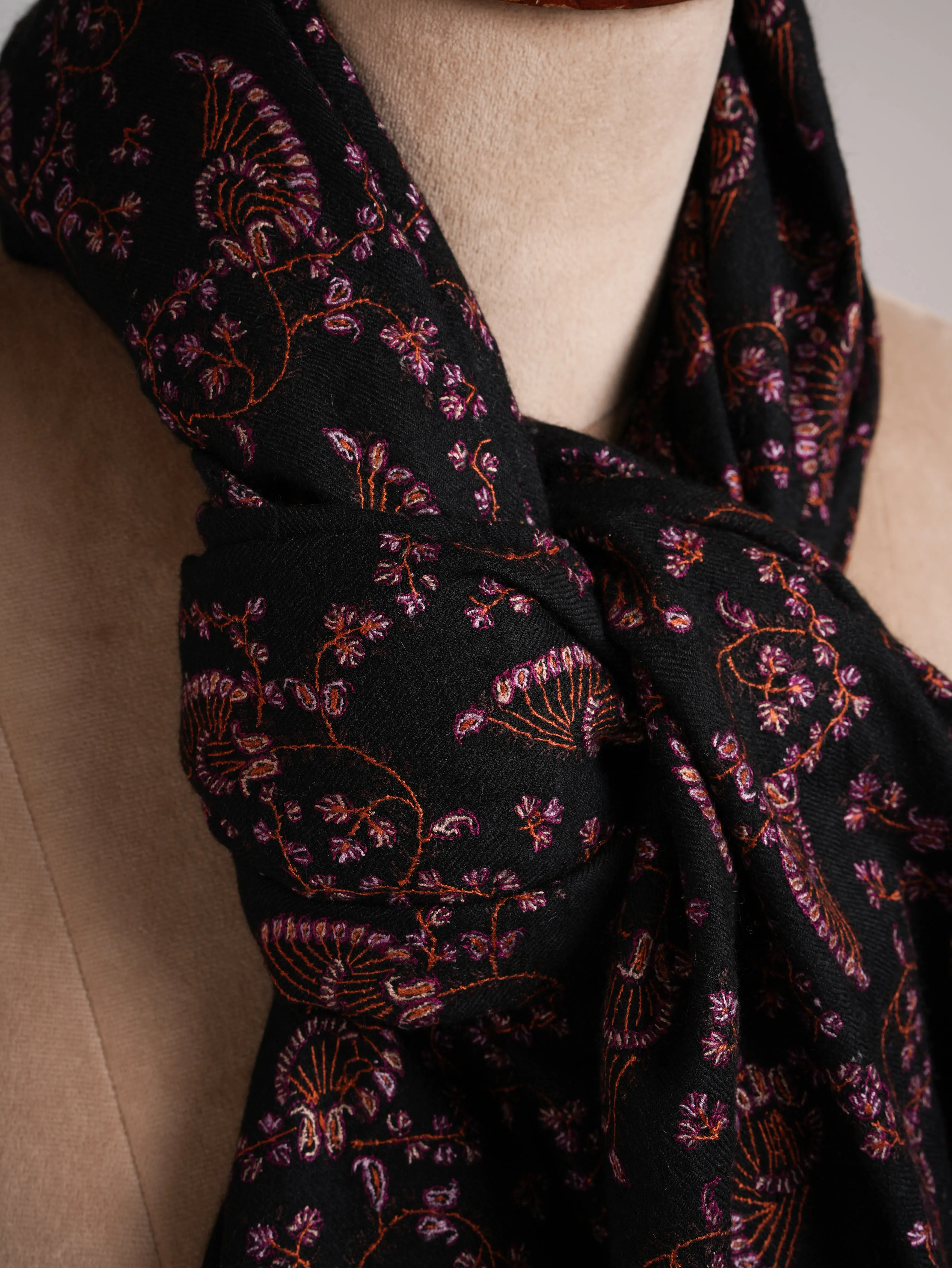 Black Pashmina Shawl with Sozni Embroidery