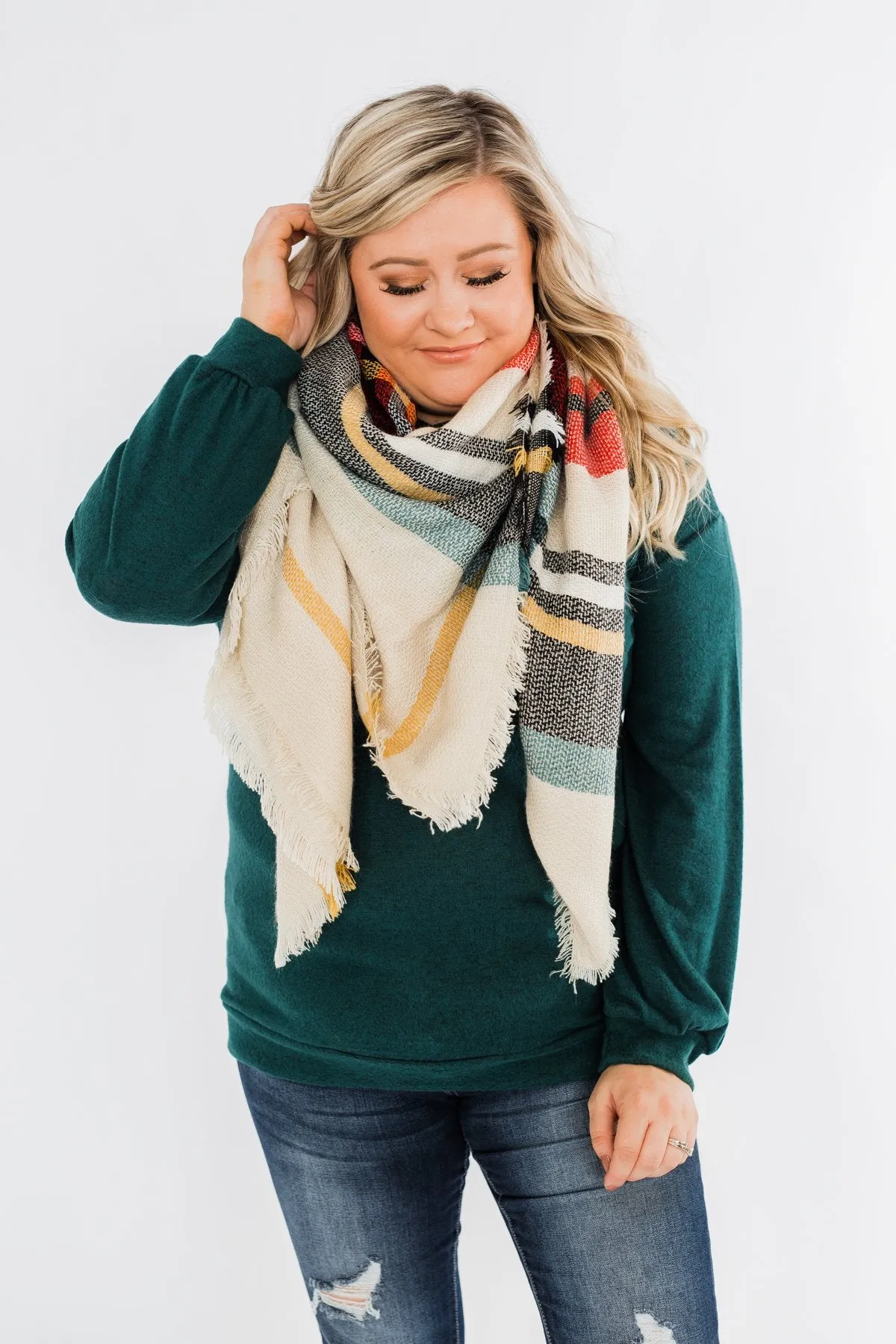 Blanket Scarf- Cream, Green, Mustard, & Red