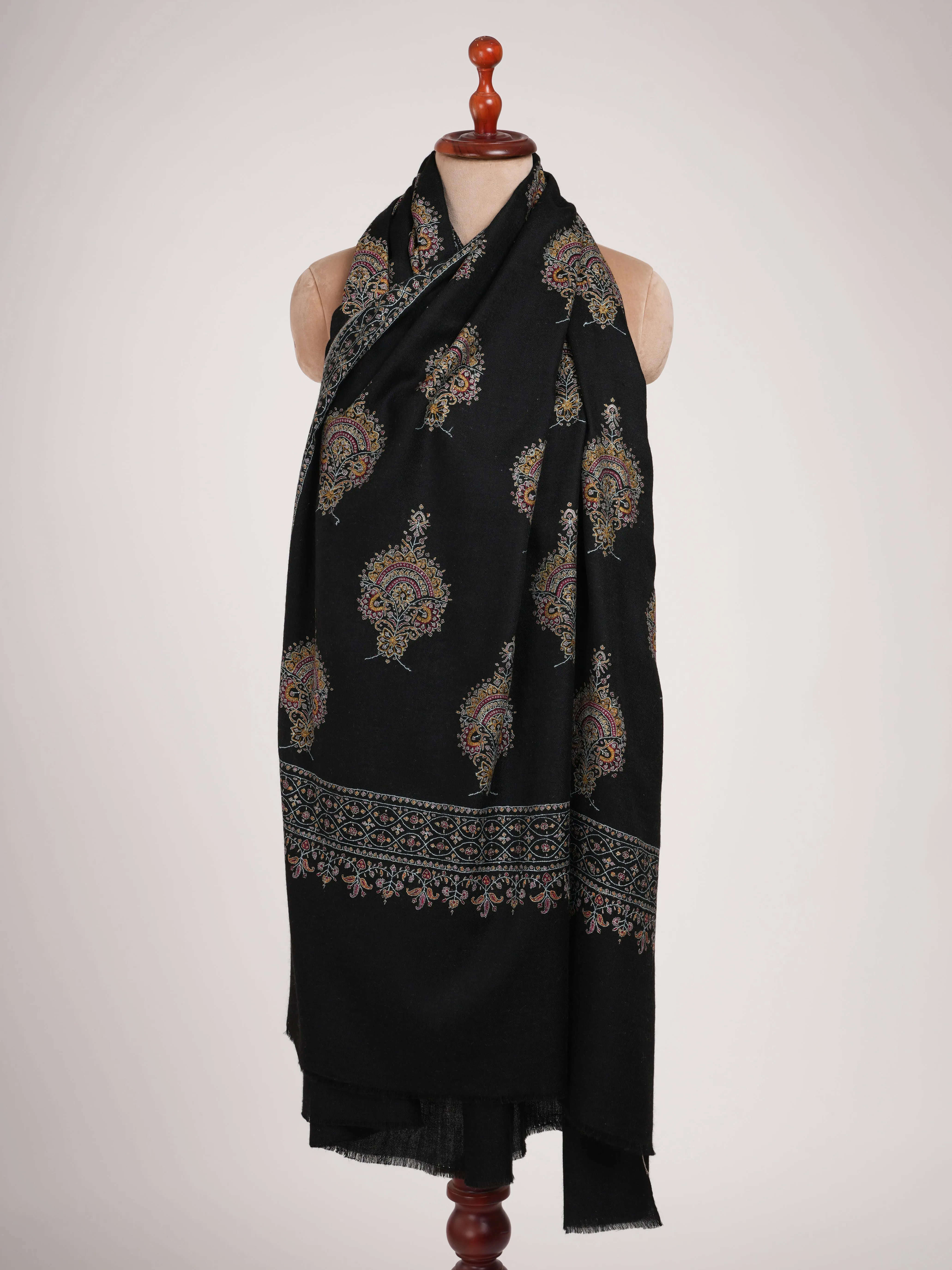 Buteh Embroidered Black Handmade Pashmina Shawl