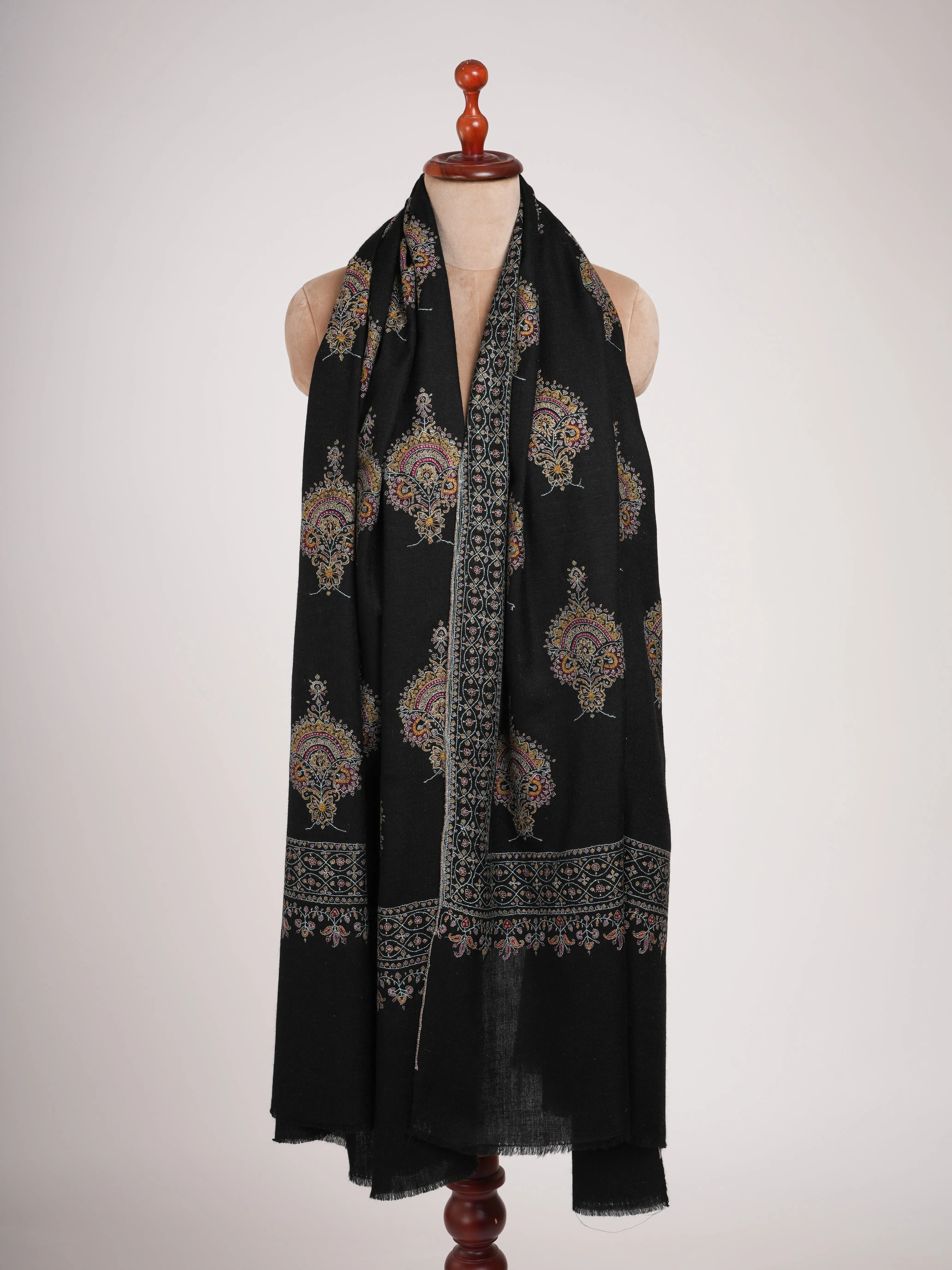 Buteh Embroidered Black Handmade Pashmina Shawl