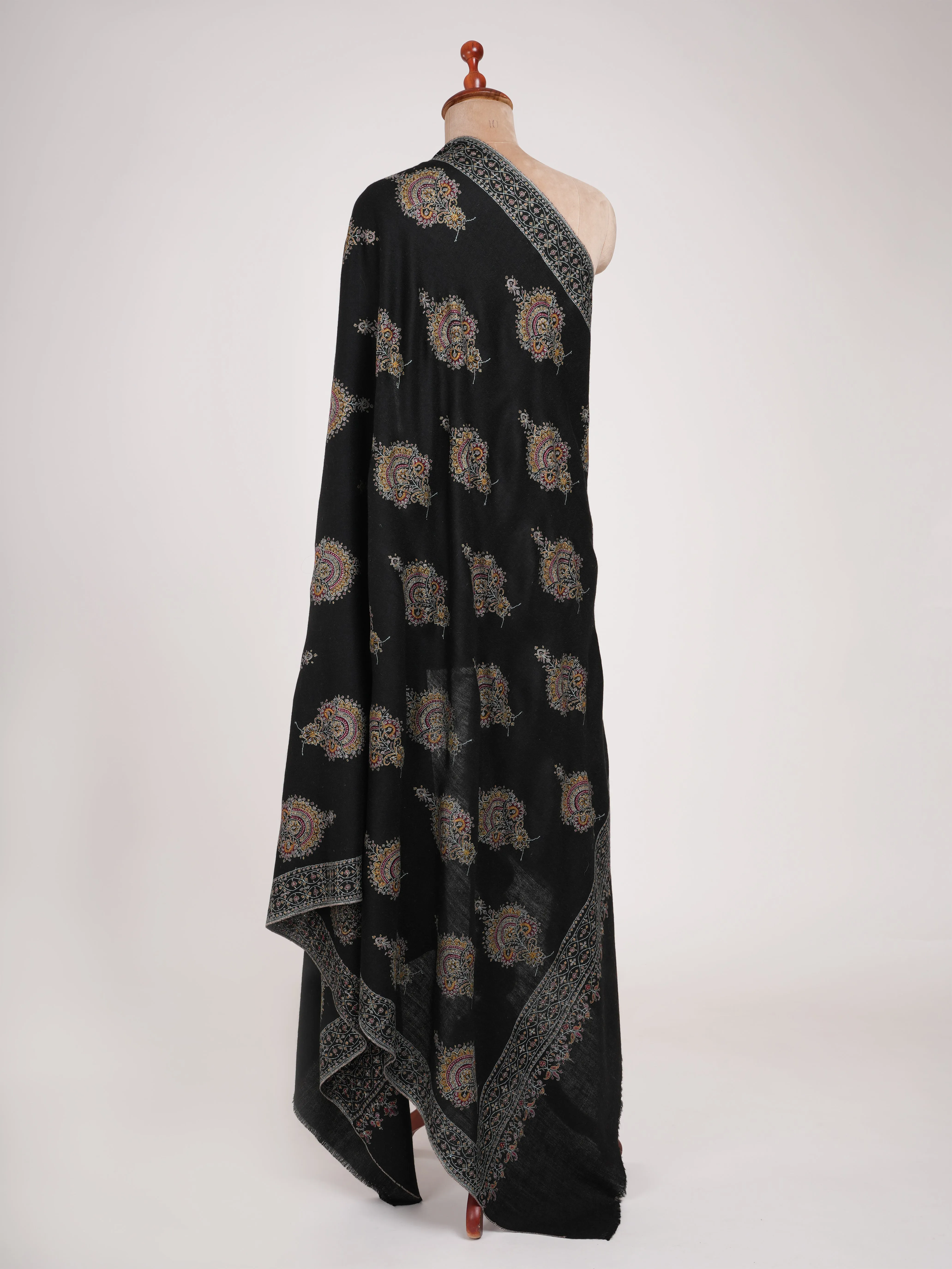 Buteh Embroidered Black Handmade Pashmina Shawl