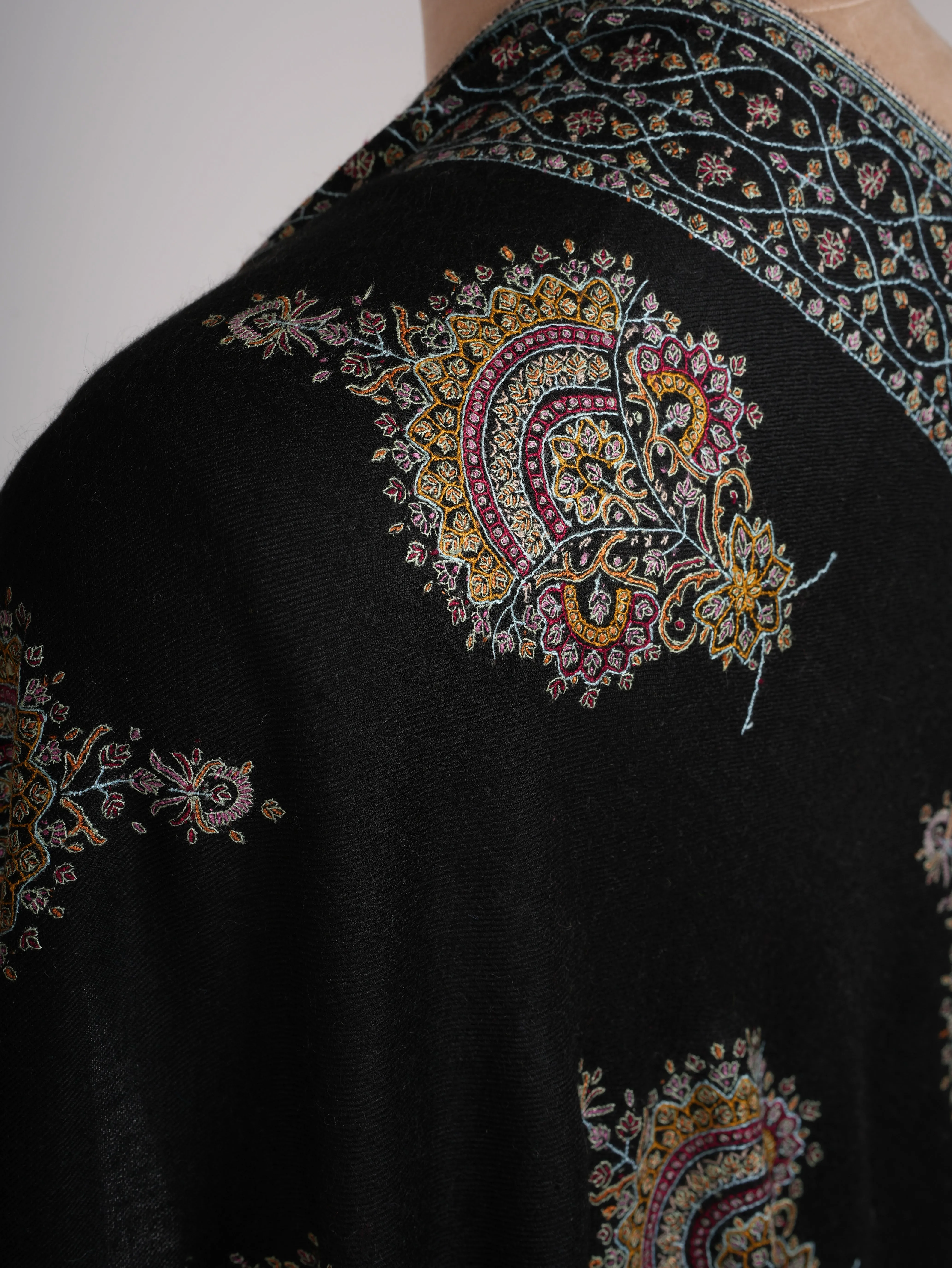 Buteh Embroidered Black Handmade Pashmina Shawl