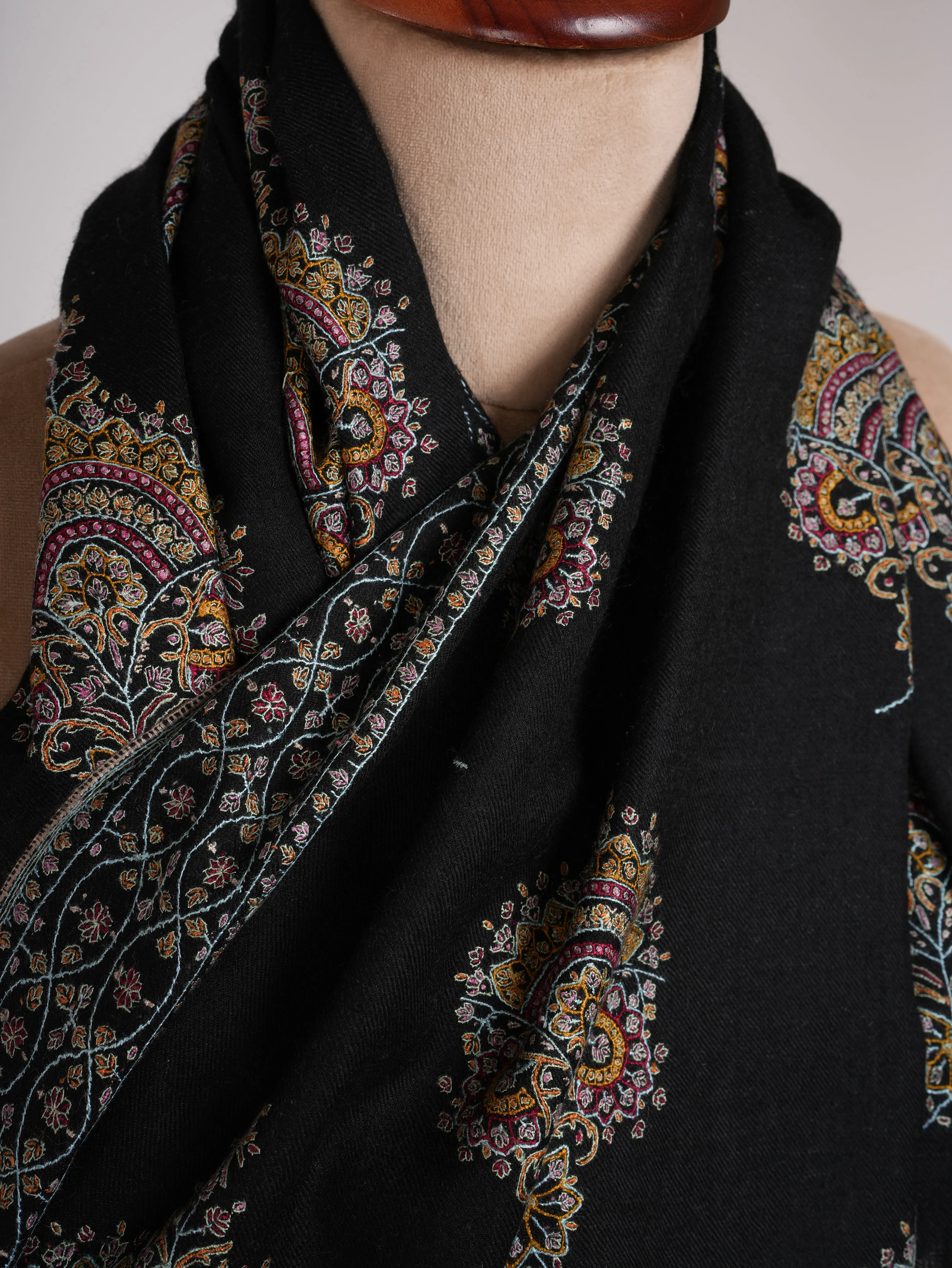 Buteh Embroidered Black Handmade Pashmina Shawl