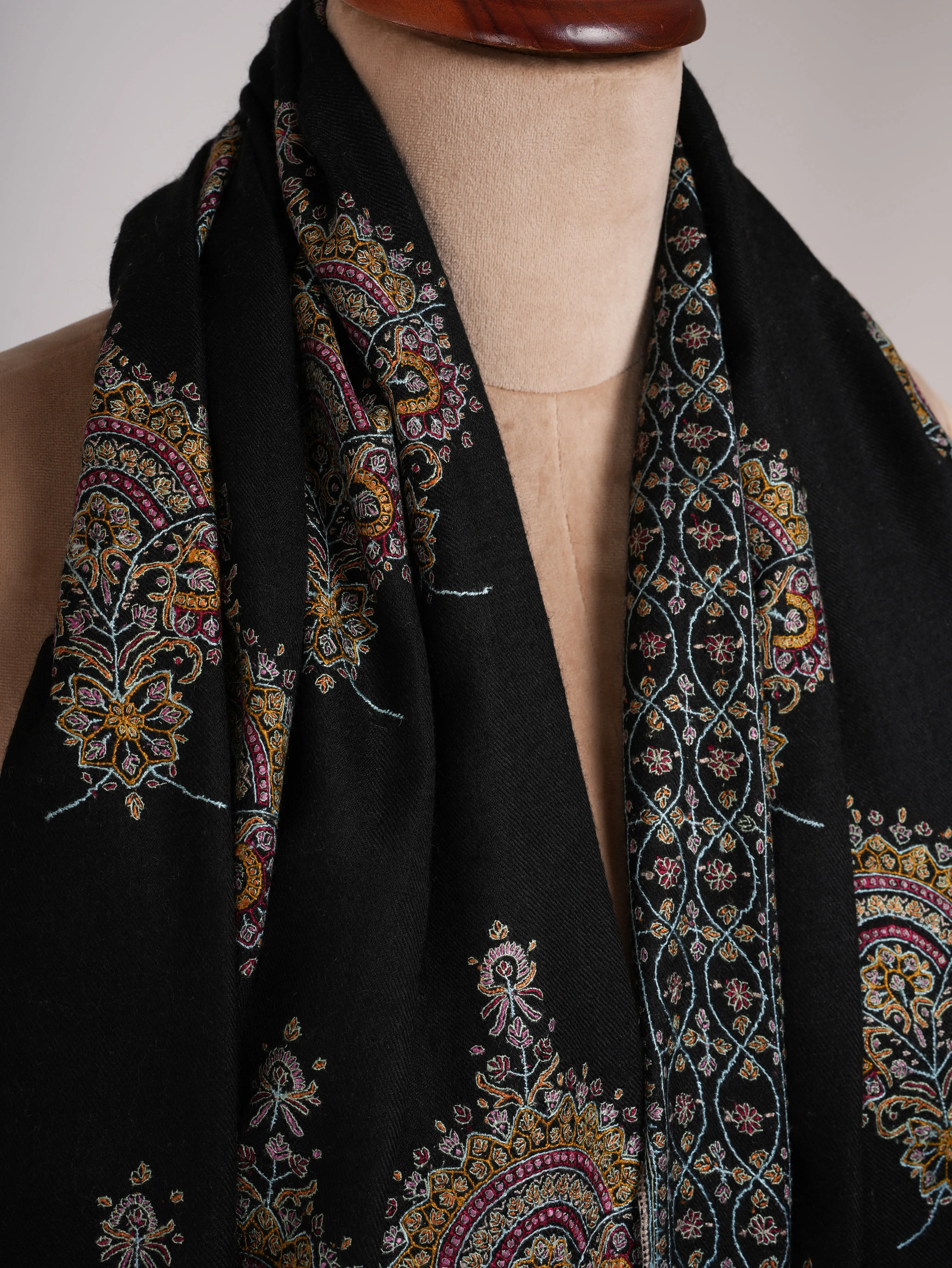 Buteh Embroidered Black Handmade Pashmina Shawl