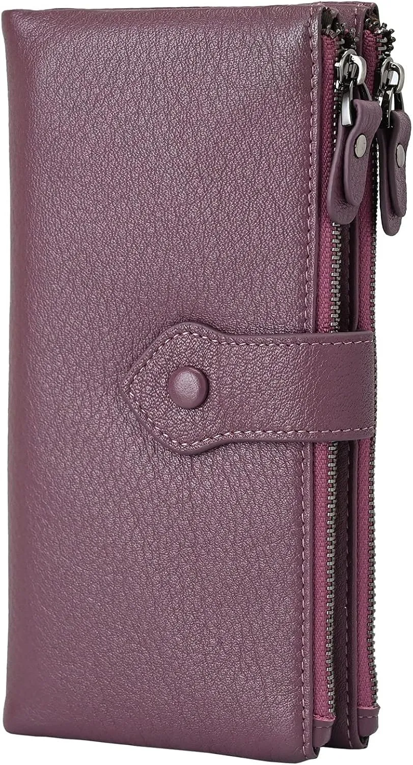 Bveyzi Women Soft Leather RFID Blocking Bifold Slim Wallets Ladies Credit Card Holder Double Zipper Pocket