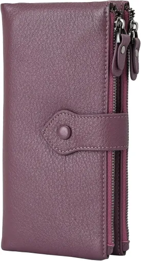Bveyzi Women Soft Leather RFID Blocking Bifold Slim Wallets Ladies Credit Card Holder Double Zipper Pocket