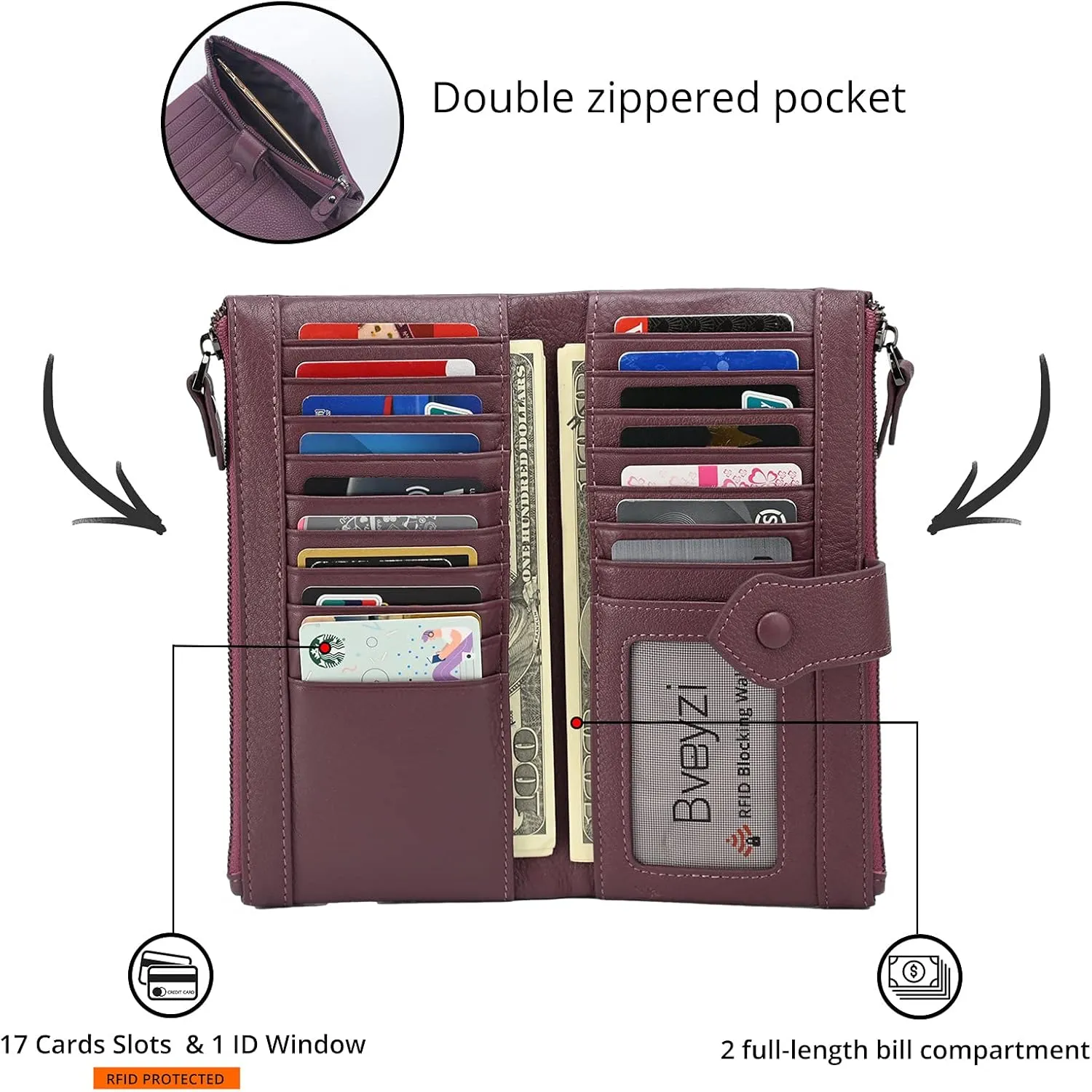 Bveyzi Women Soft Leather RFID Blocking Bifold Slim Wallets Ladies Credit Card Holder Double Zipper Pocket
