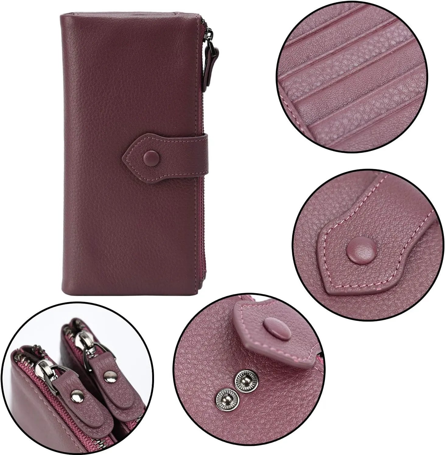 Bveyzi Women Soft Leather RFID Blocking Bifold Slim Wallets Ladies Credit Card Holder Double Zipper Pocket