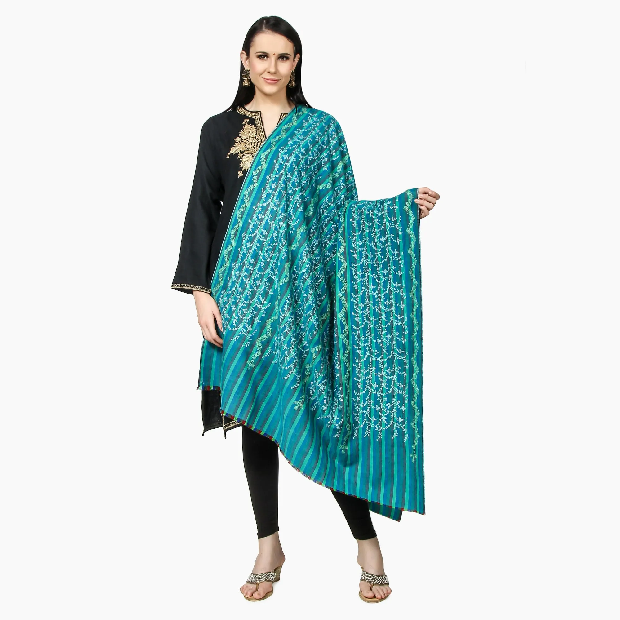 Cashmere Pashmina Shawl Embroidered (Green Stripes)