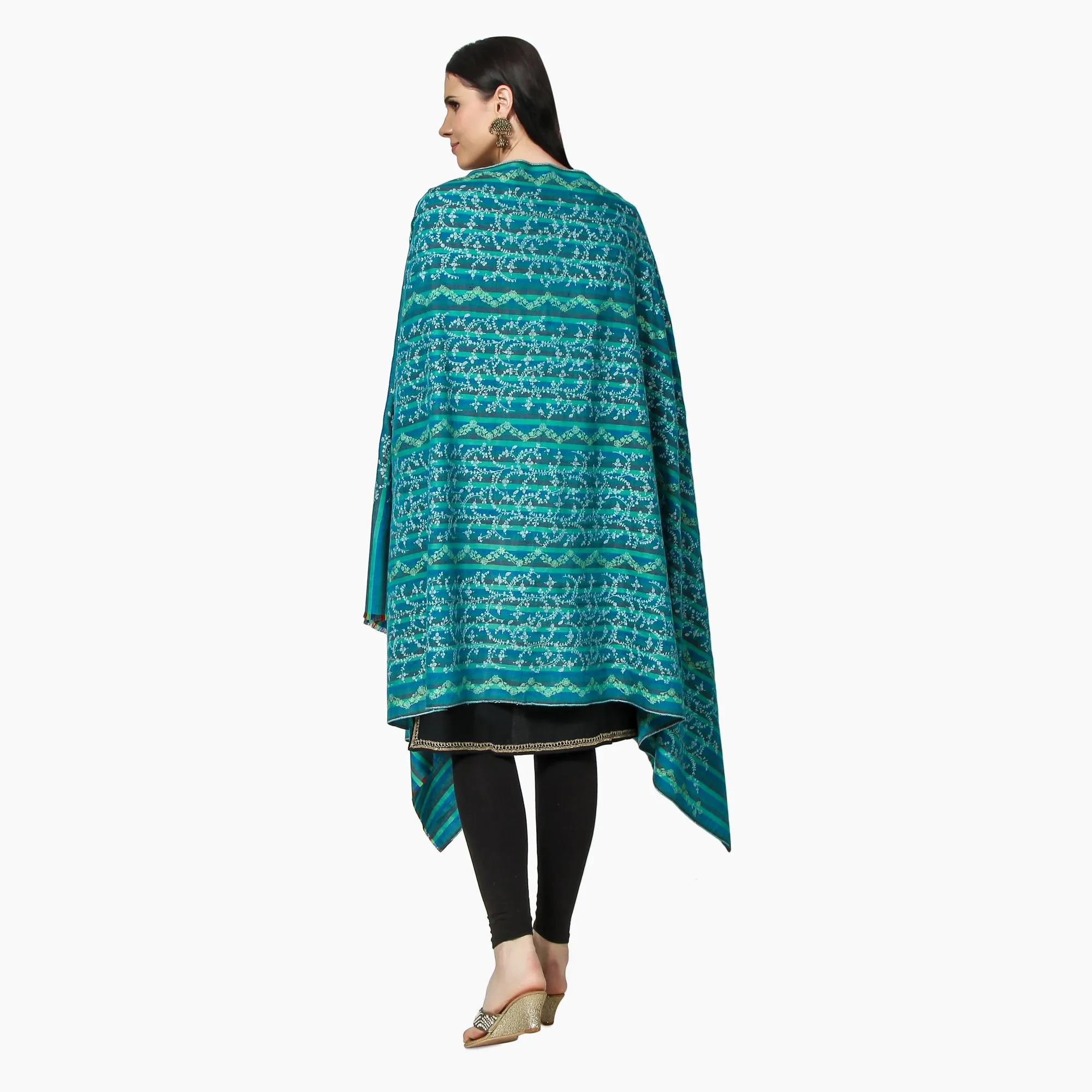 Cashmere Pashmina Shawl Embroidered (Green Stripes)