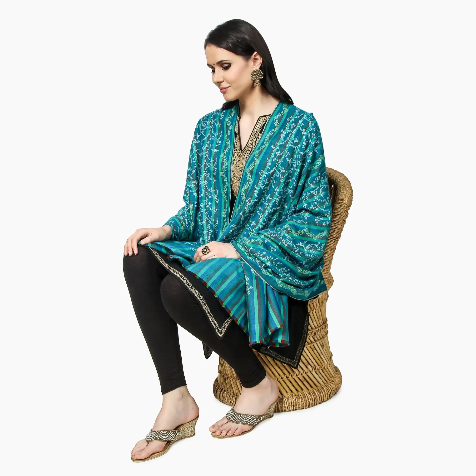 Cashmere Pashmina Shawl Embroidered (Green Stripes)