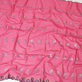 Cerise Pink Premium Swiss cotton voile (Thobe) fabric with same tone, gold, sea green and baby pink embroidery having stone work in floral design-D7993