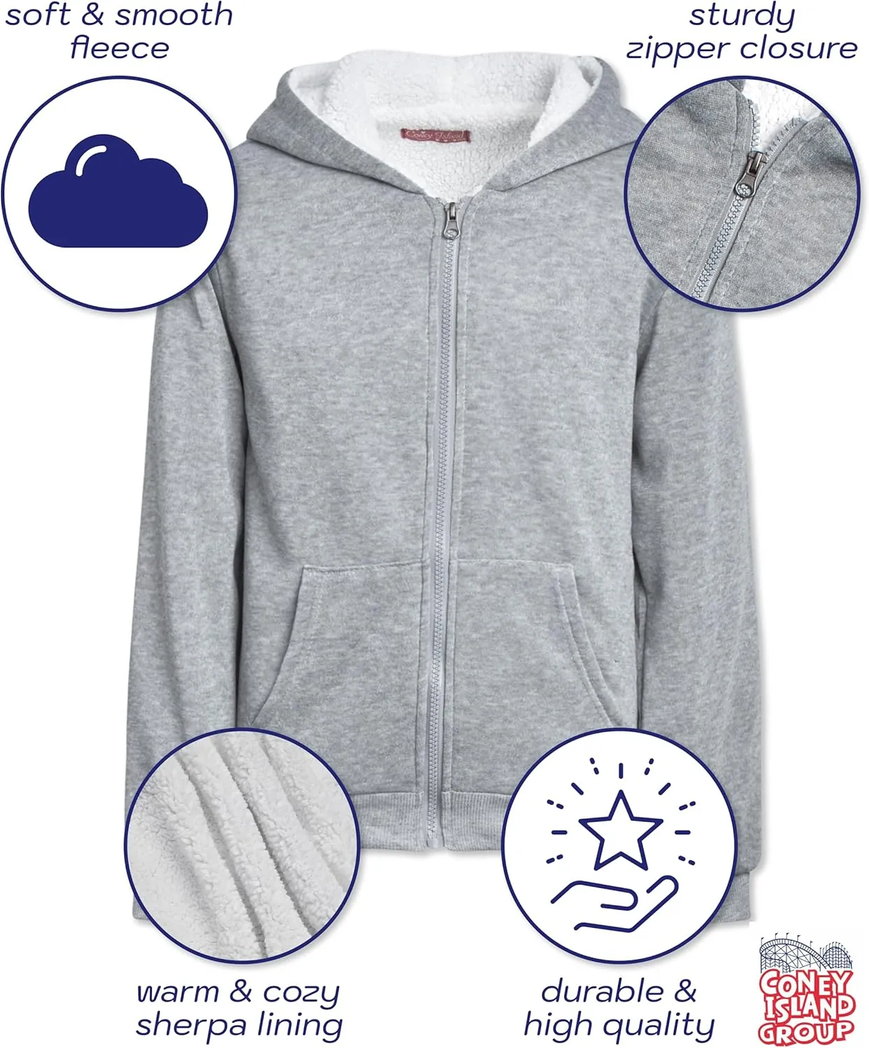 Coney Island Girls Hoodie - Cozy Soft Fleece Sherpa Lined Zip Up Hoodie Sweatshirt for Girls (Sizes Run Small: 4-16)