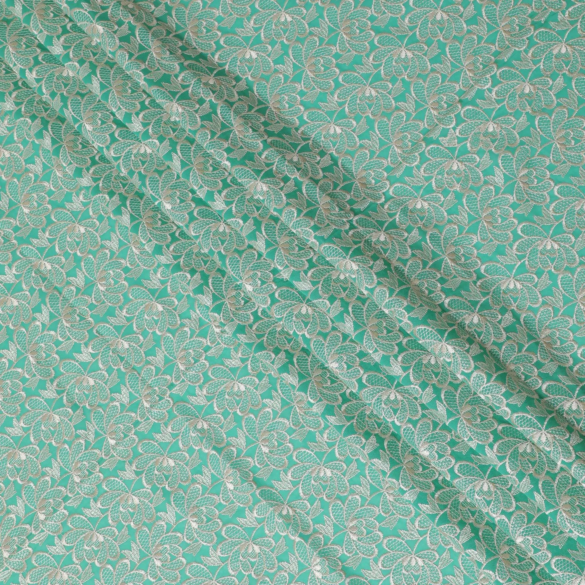 Cool green Premium pure cotton voile fabric with beige embroidery in floral design-D16976