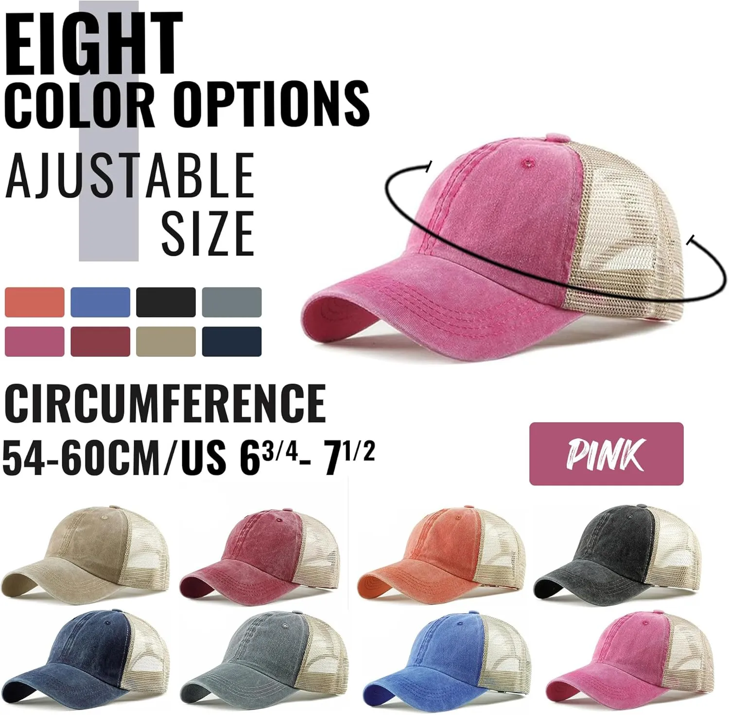 Croogo Men's Adjustable Mesh Back Cap Curved Bill Snapback Mesh Baseball Cap Retro Washed Trucker Cap Breathable Sun Hat
