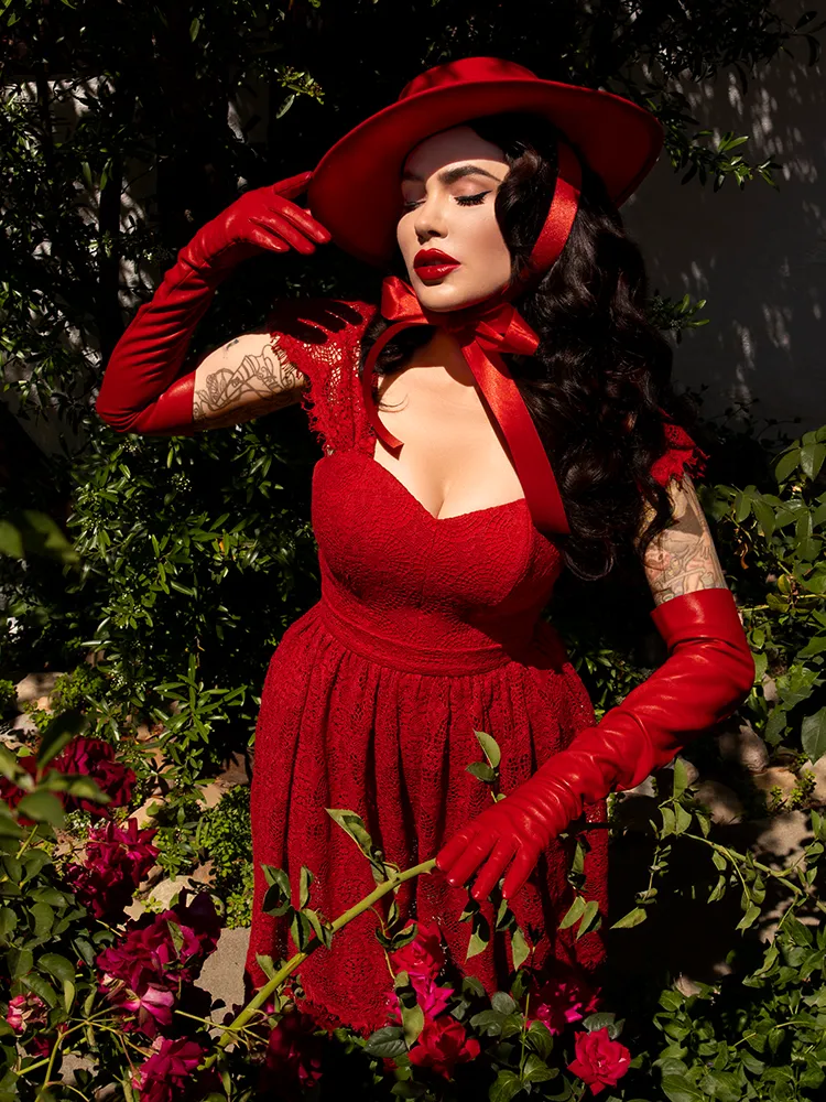 Faux Leather Opera Gloves in Crimson