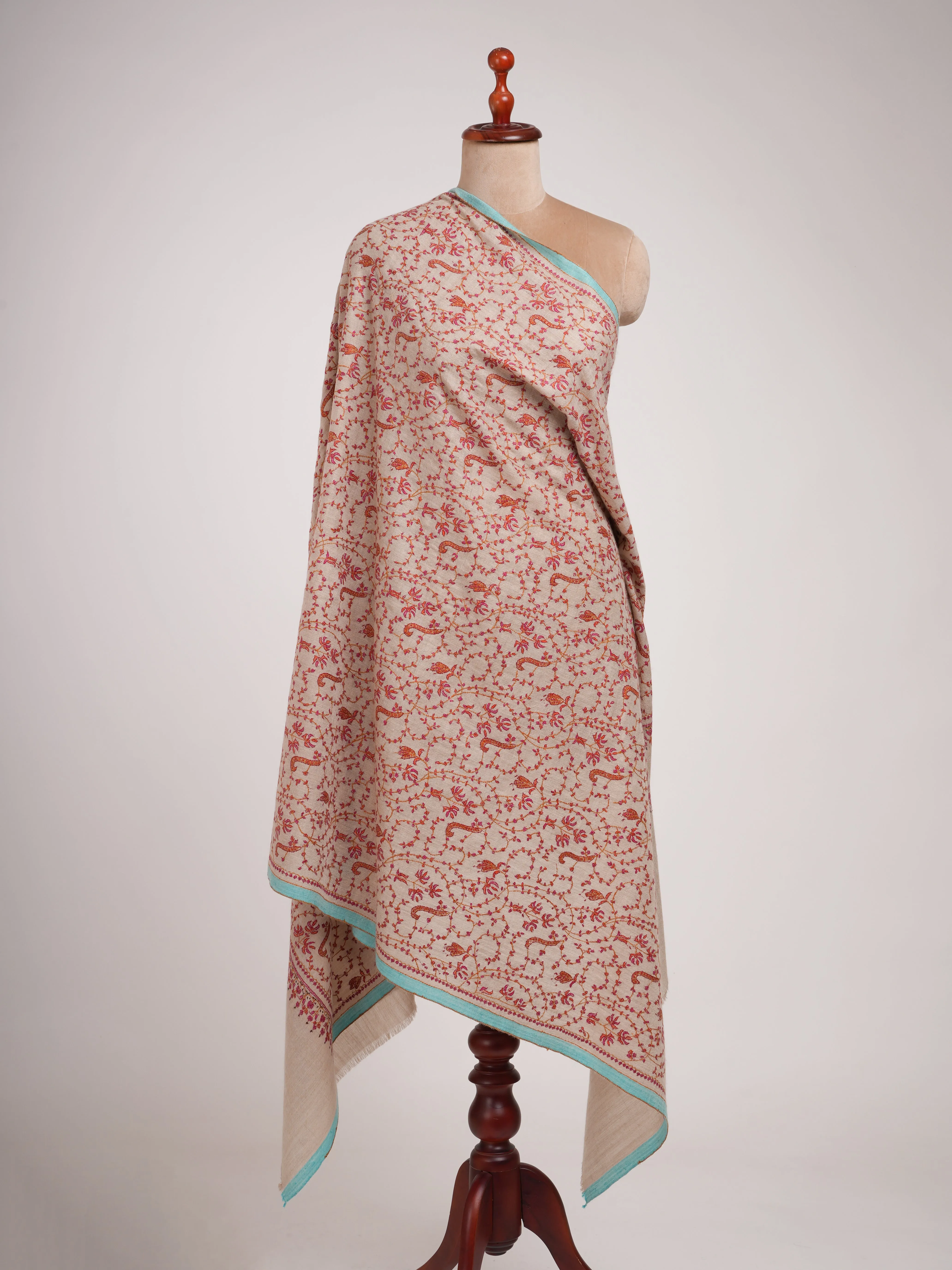 Hand Embroidered Allover Jali Motif Silver Pashmina Shawl