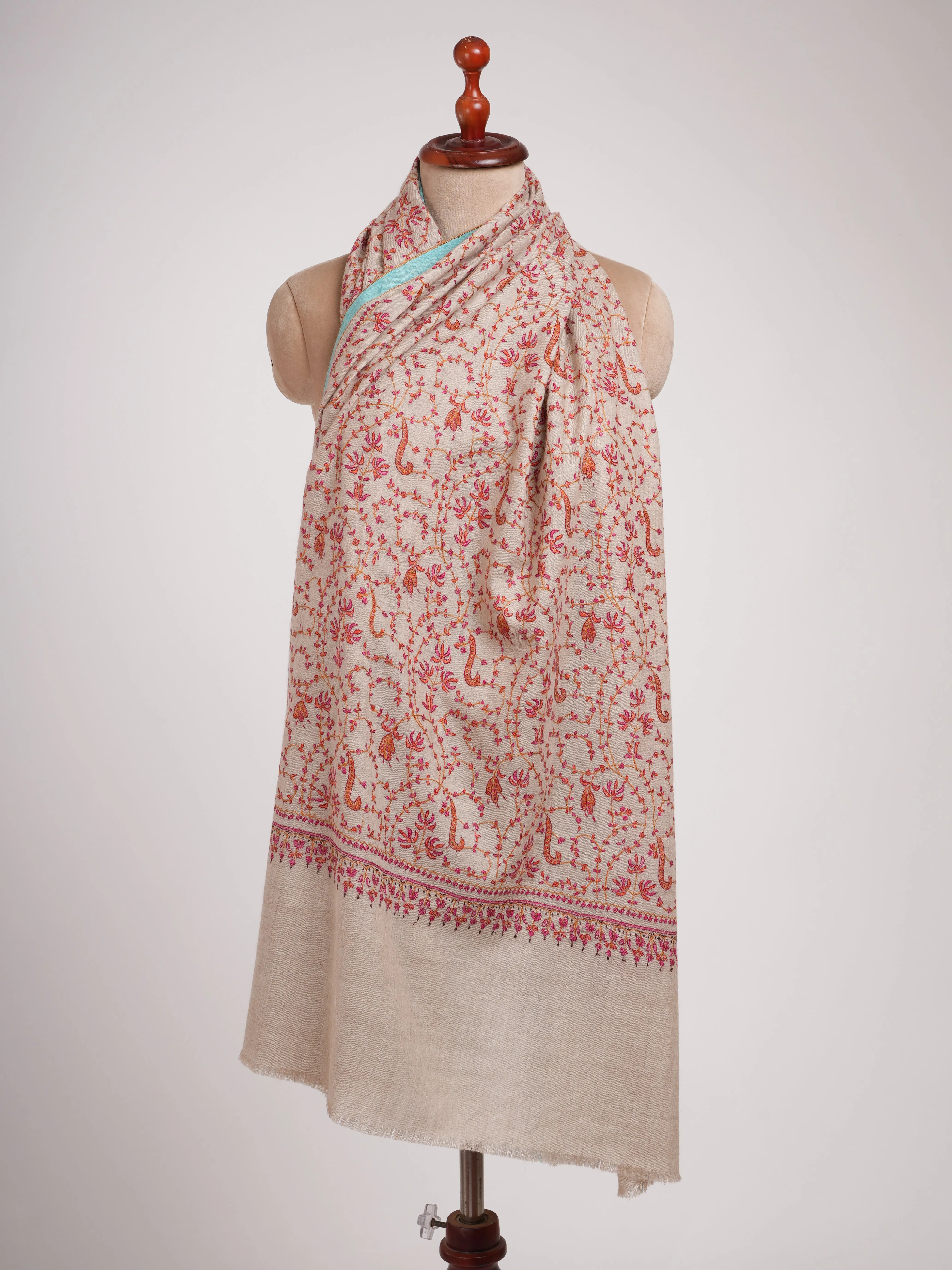 Hand Embroidered Allover Jali Motif Silver Pashmina Shawl