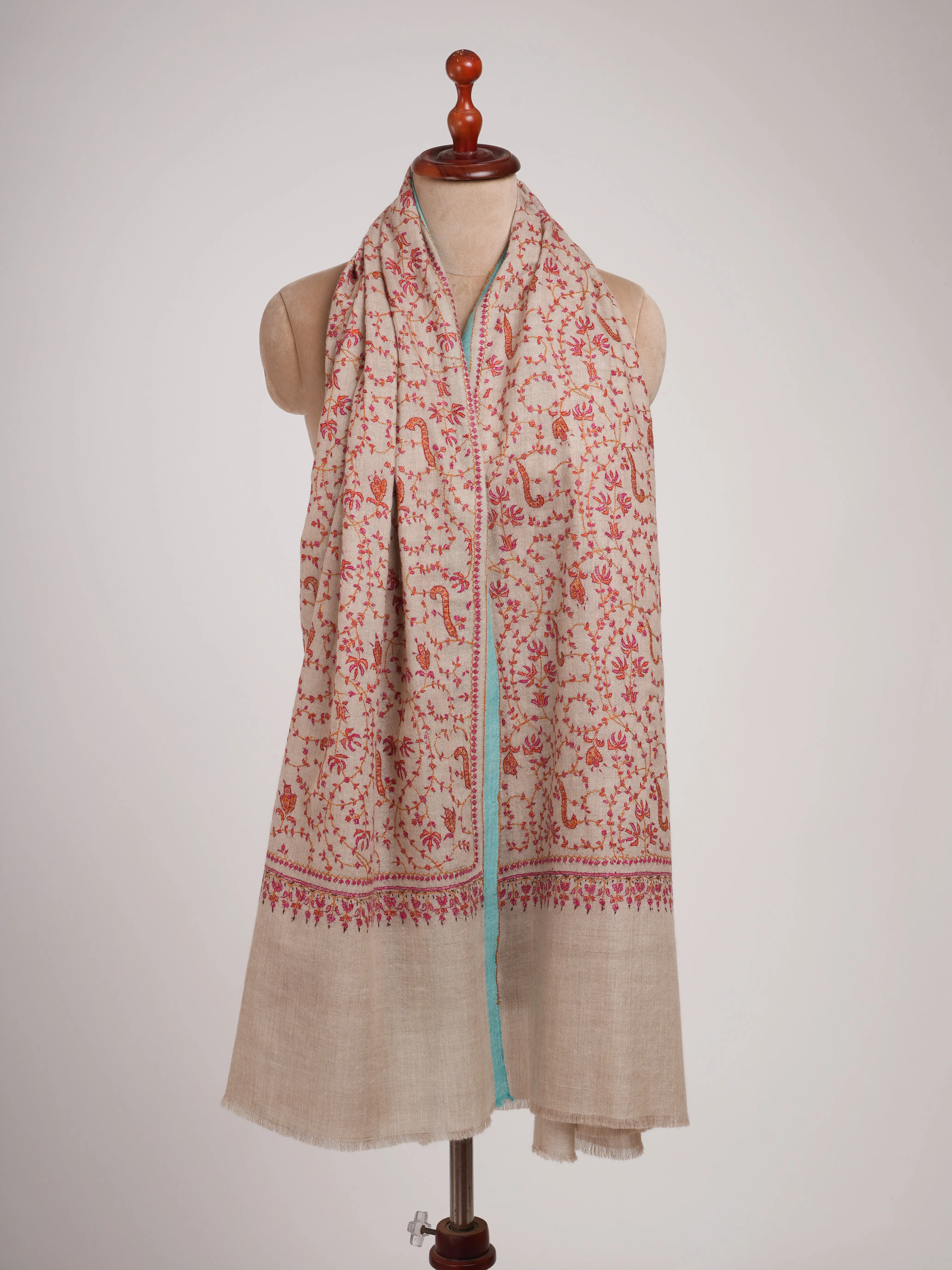 Hand Embroidered Allover Jali Motif Silver Pashmina Shawl