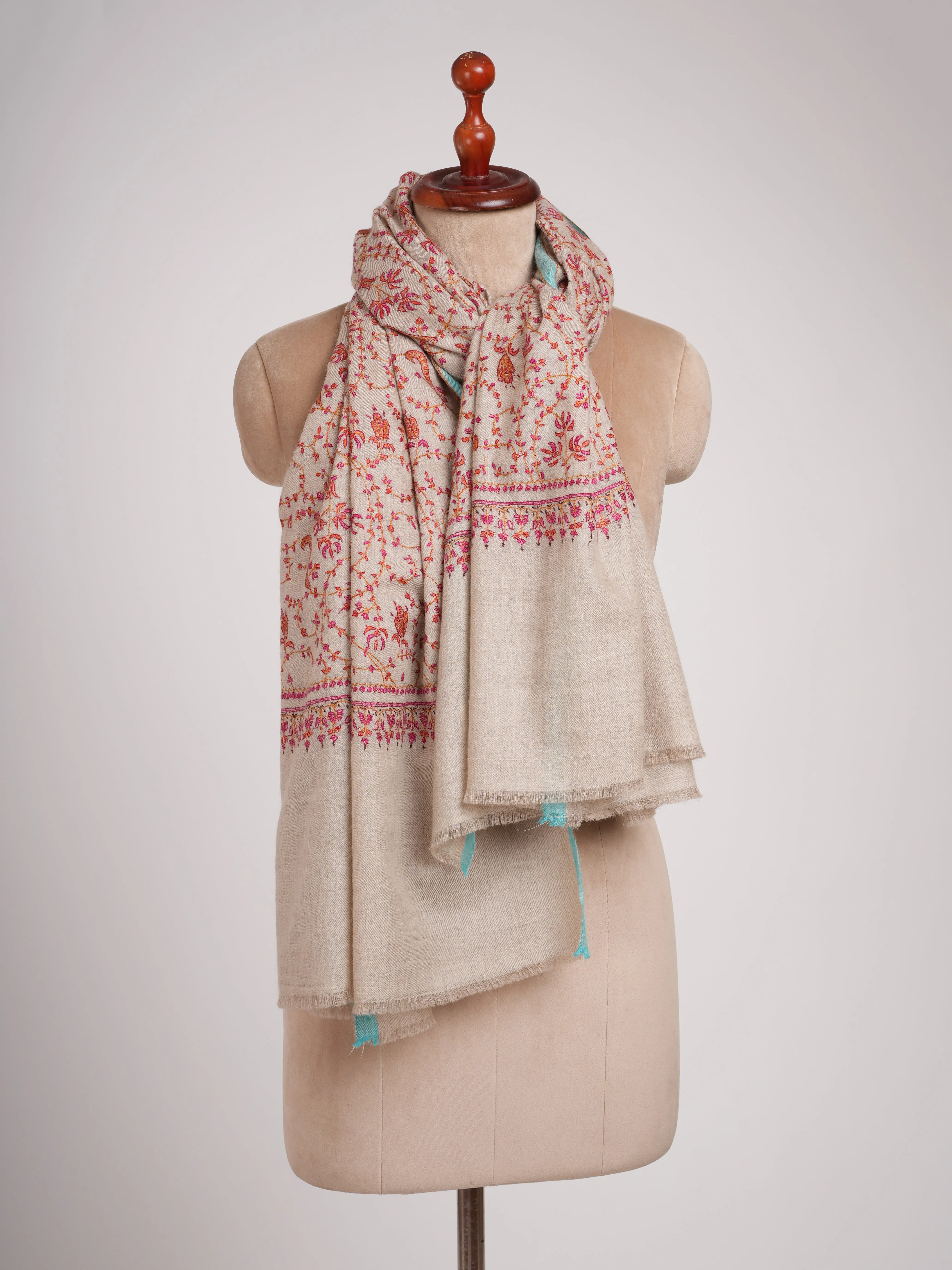 Hand Embroidered Allover Jali Motif Silver Pashmina Shawl