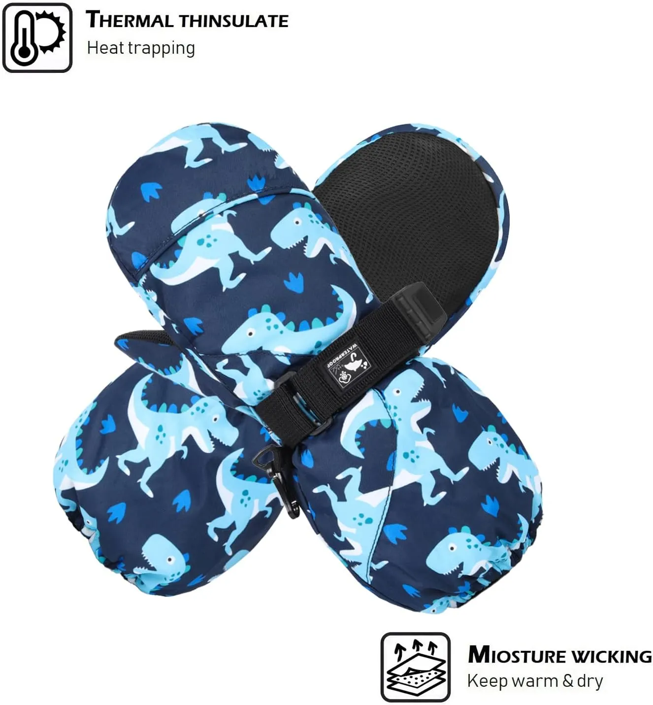 HIGHCAMP Kids Long Cuff Winter Gloves with Stay-on Strap Waterproof Mittens for Toddler Children Snow Ski