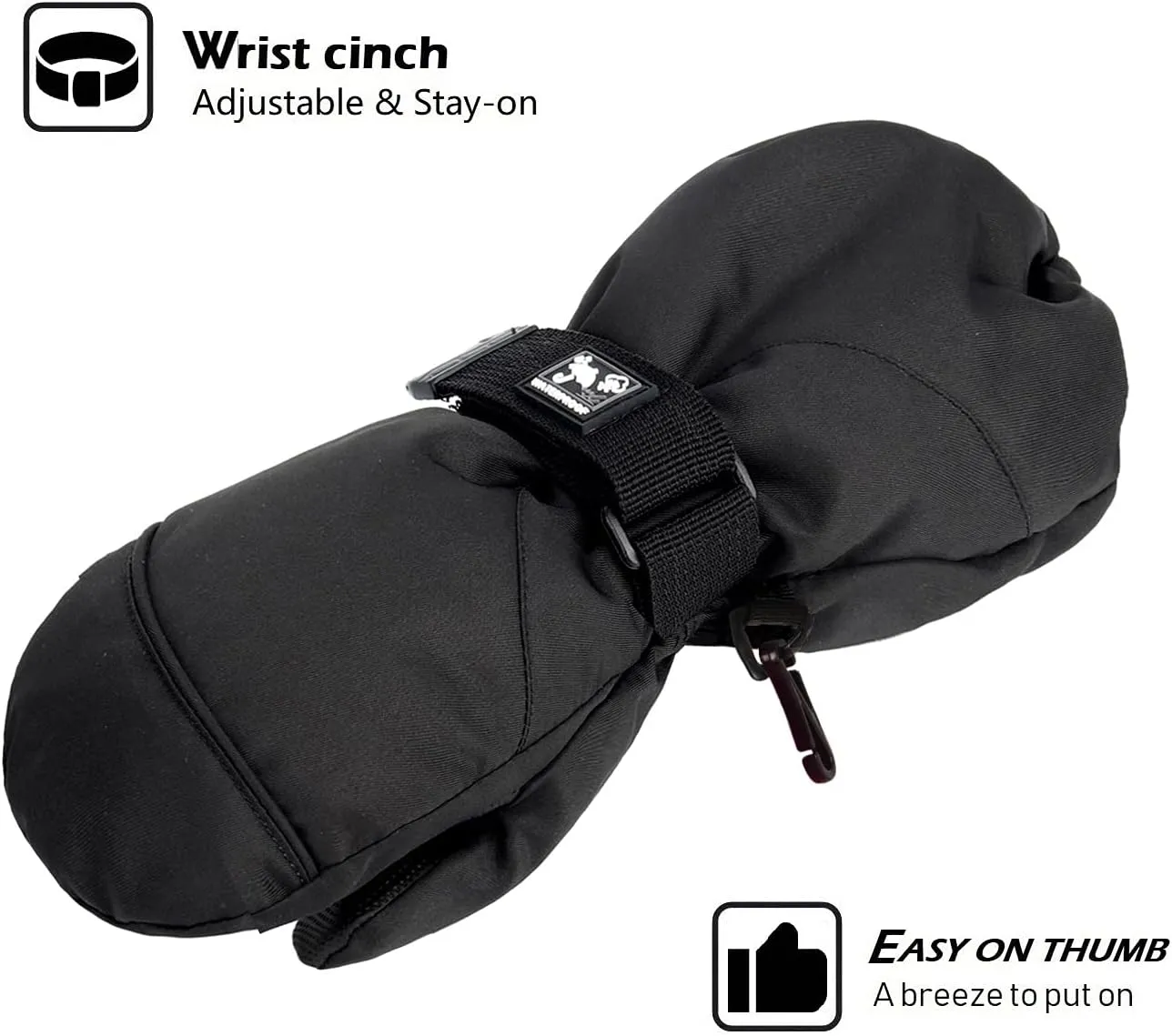 HIGHCAMP Kids Long Cuff Winter Gloves with Stay-on Strap Waterproof Mittens for Toddler Children Snow Ski