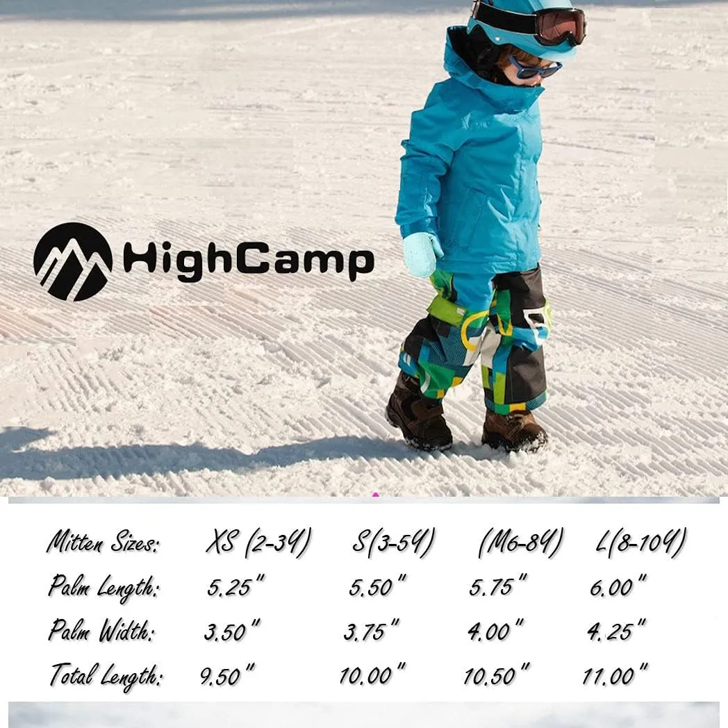 HIGHCAMP Kids Long Cuff Winter Gloves with Stay-on Strap Waterproof Mittens for Toddler Children Snow Ski