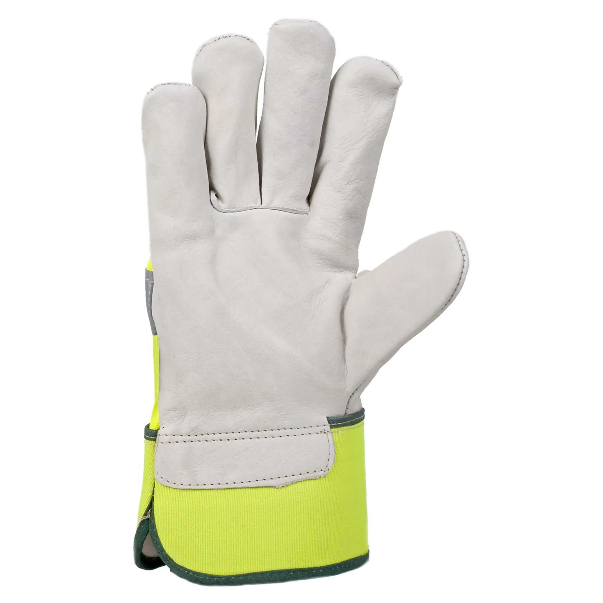 Horizon Hi-Vis Cowhide Work Gloves – One-Piece Palm, Lined for Comfort, Reflective Knuckle, Rubberized Cuff, Durable, Safe, Ideal for Construction