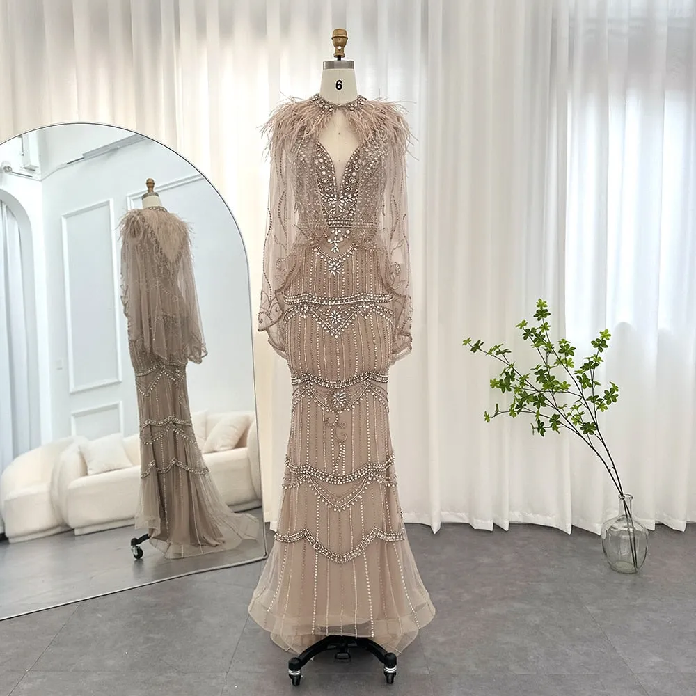 Luxury Champagne Feathers Shawl Cape Mermaid Evening Dress SS039