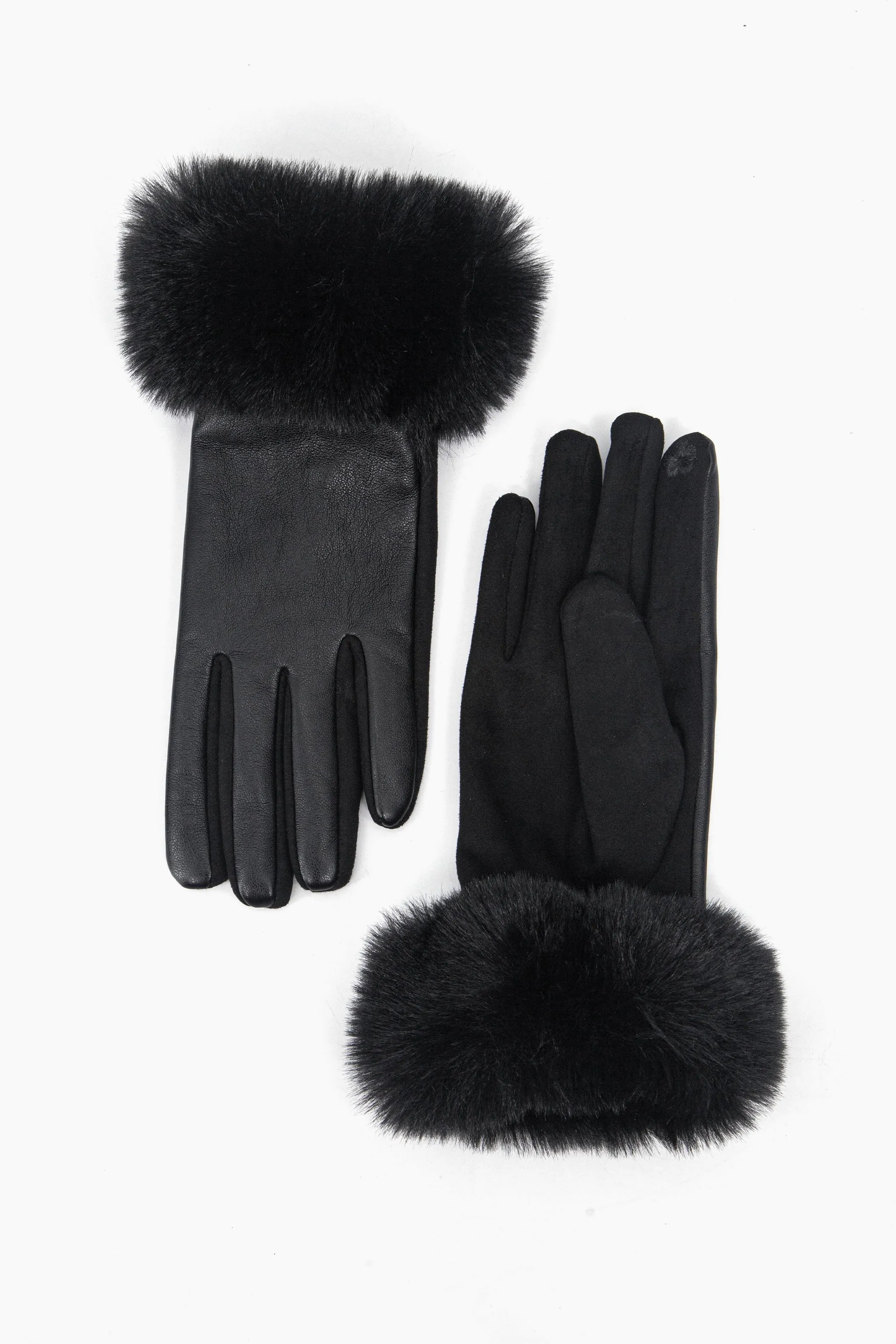 Maya Faux Fur Cuff Gloves - Black, PU