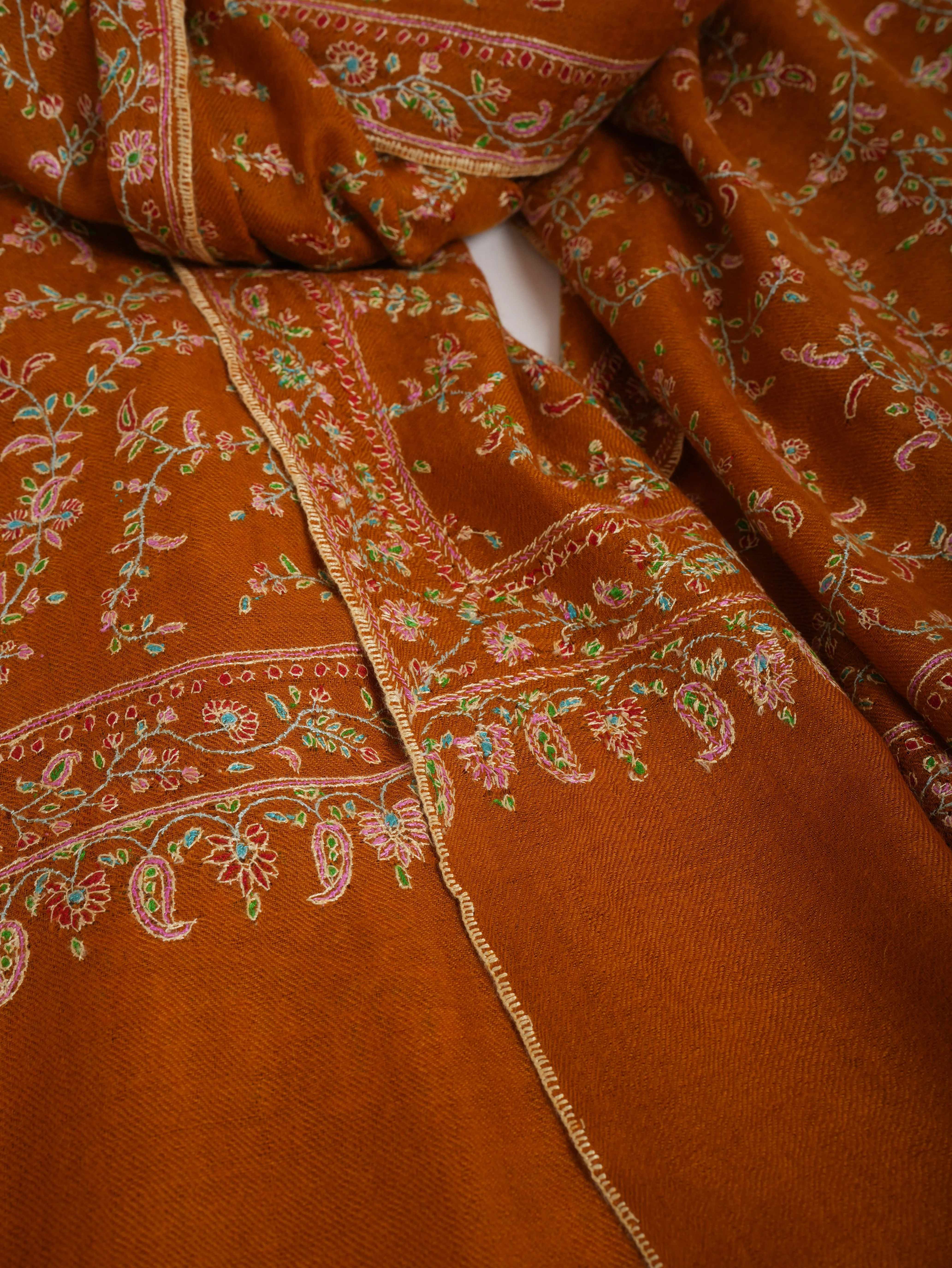 Mustard Orange Hand Embroidered Pashmina Shawl