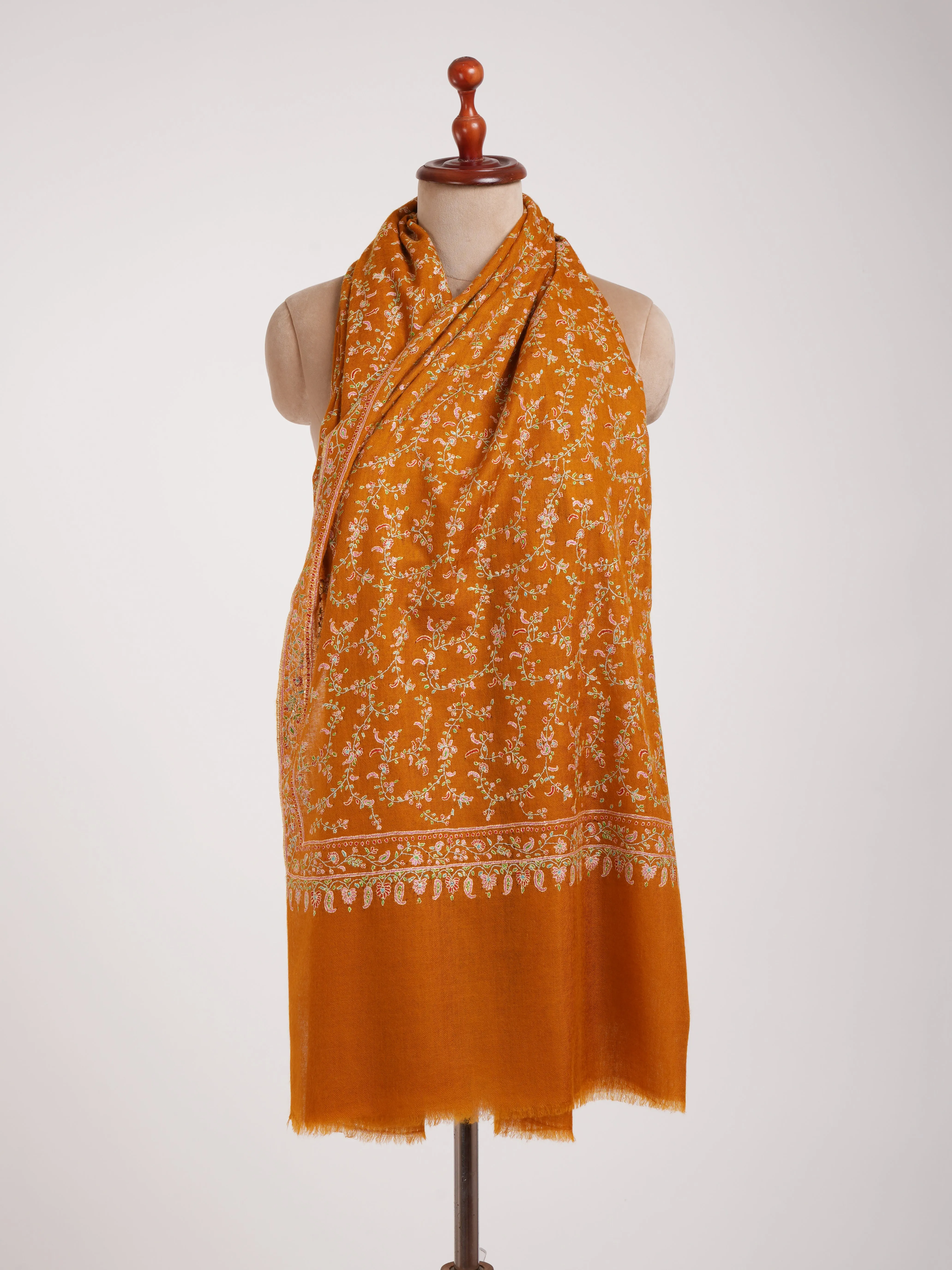 Mustard Orange Hand Embroidered Pashmina Shawl