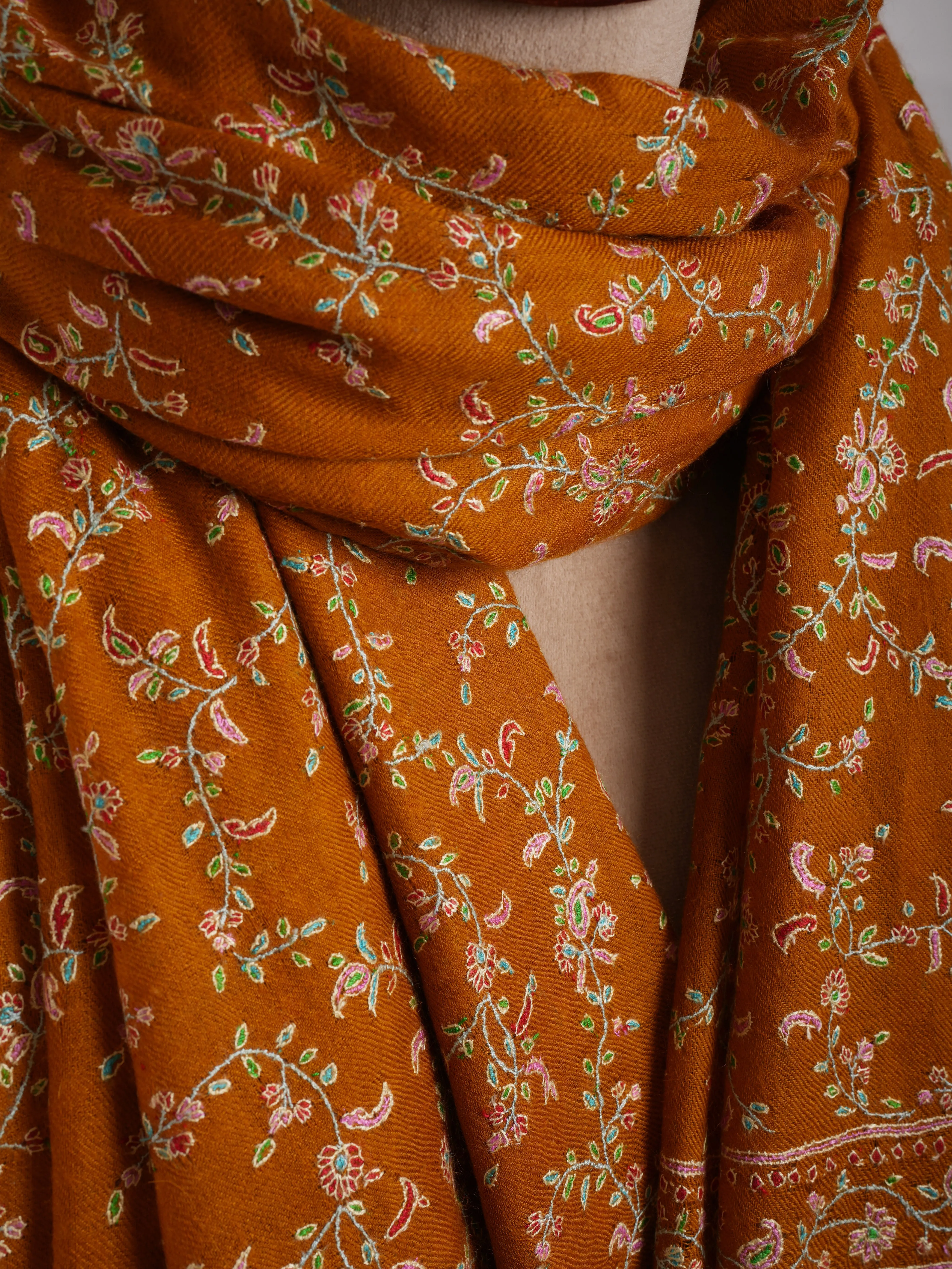Mustard Orange Hand Embroidered Pashmina Shawl