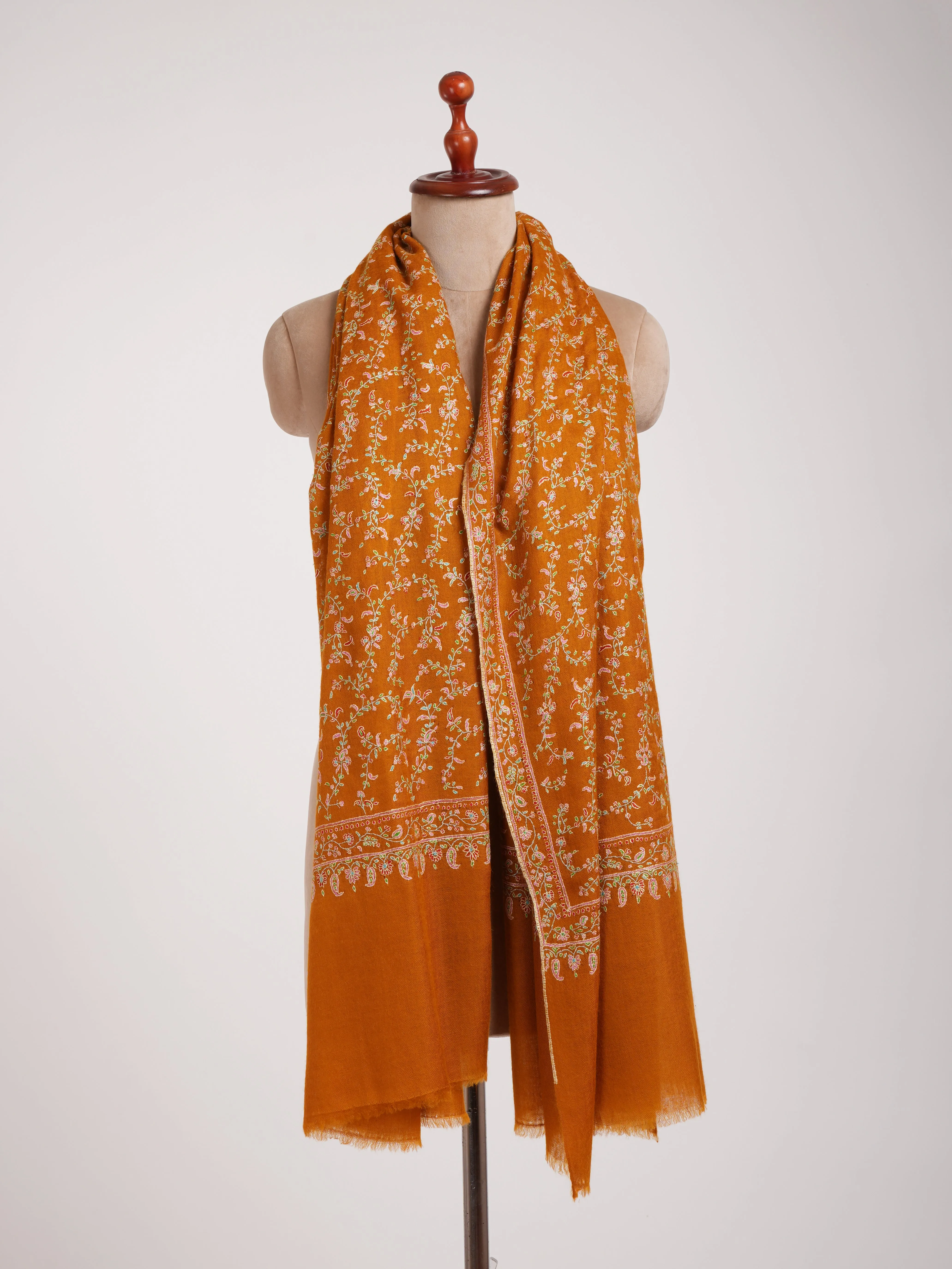 Mustard Orange Hand Embroidered Pashmina Shawl