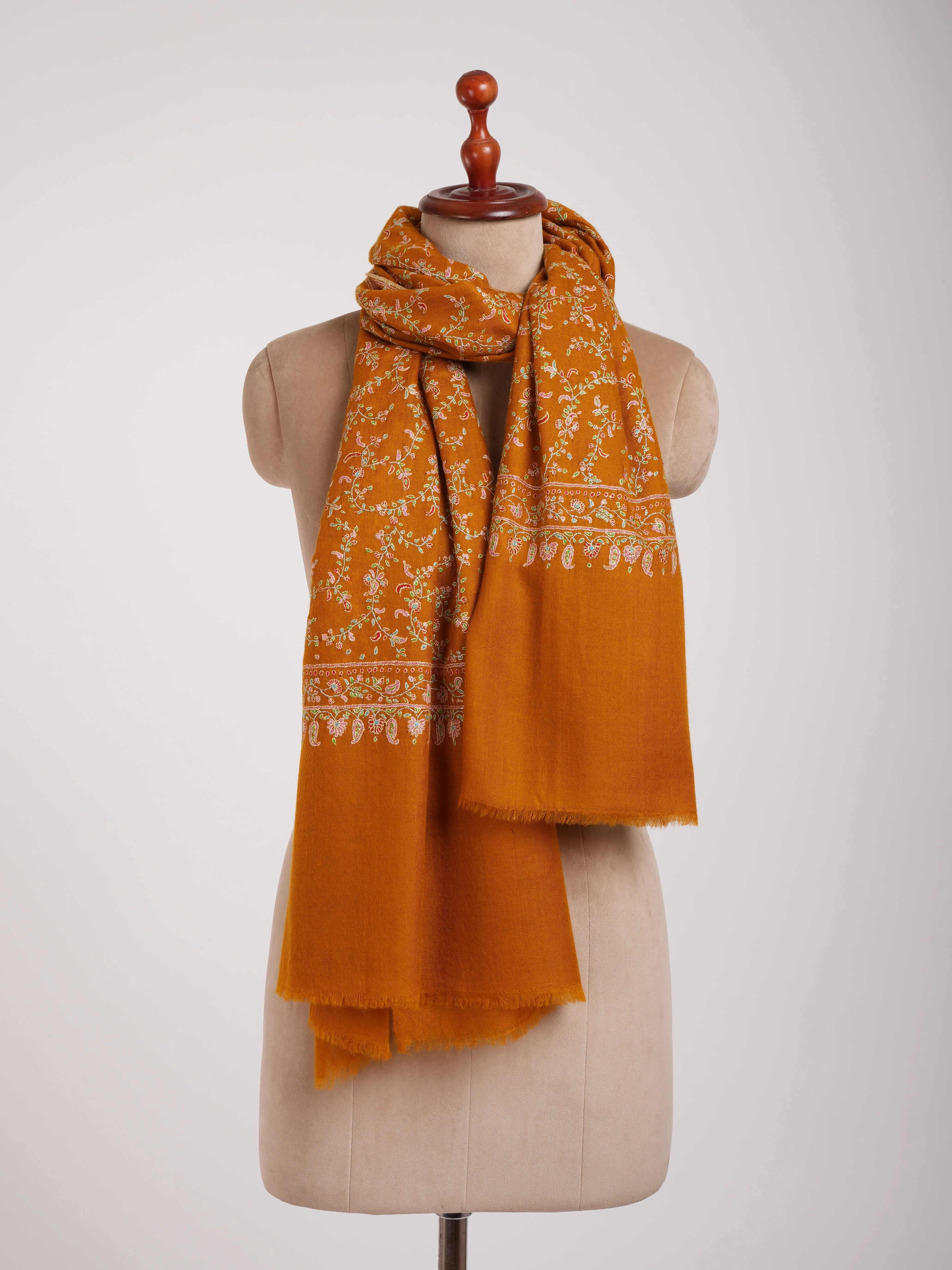 Mustard Orange Hand Embroidered Pashmina Shawl