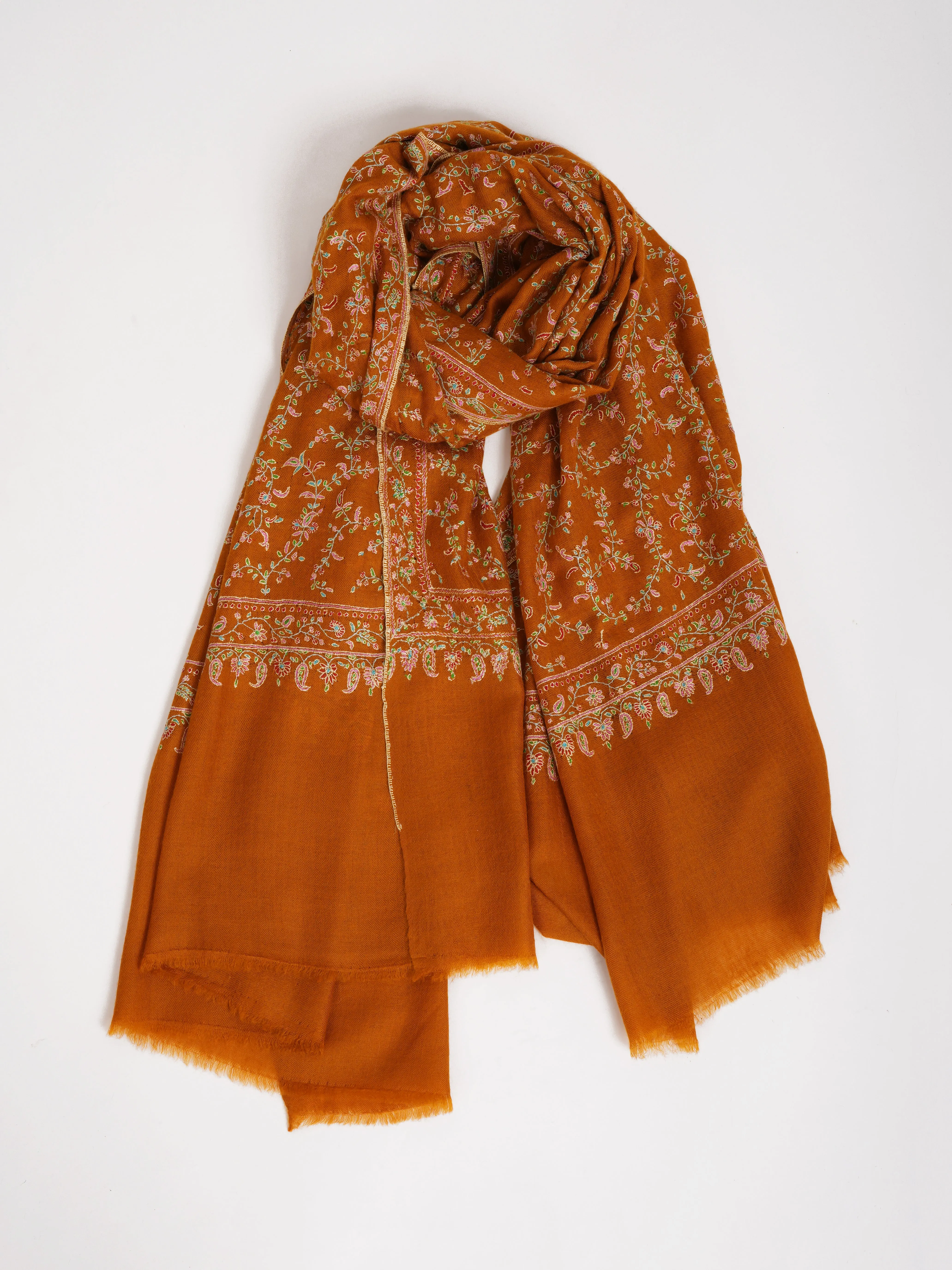 Mustard Orange Hand Embroidered Pashmina Shawl