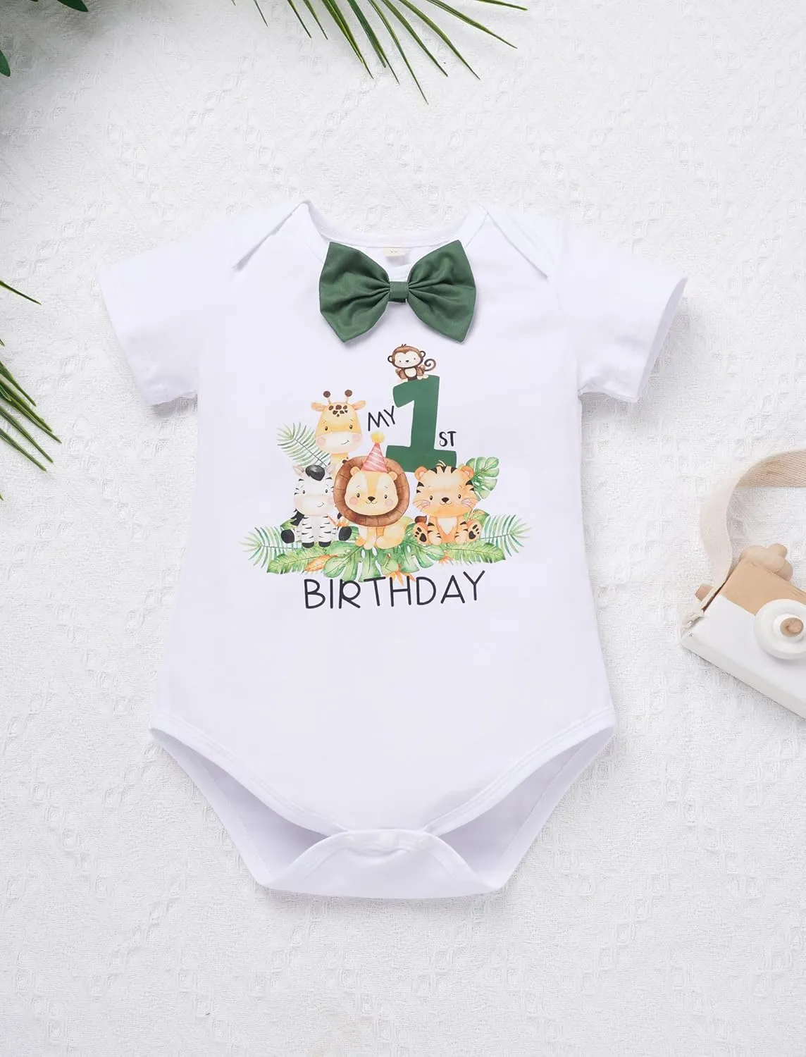 OBEEII First Birthday Outfit Baby Boy Cake Smash Outfit Safari Zookeeper Animal Lion Bow Tie Romper   Suspender Shorts   Hat