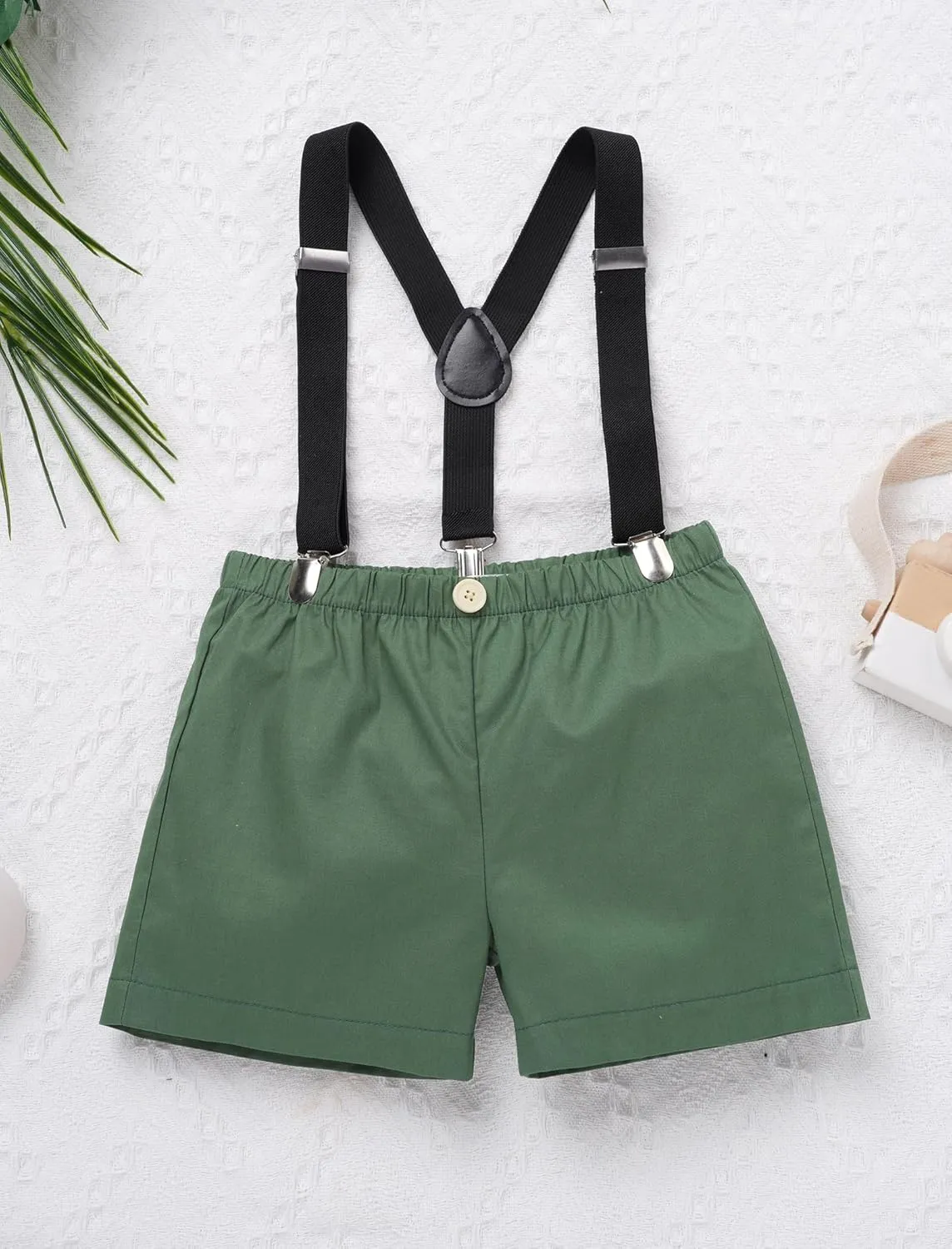OBEEII First Birthday Outfit Baby Boy Cake Smash Outfit Safari Zookeeper Animal Lion Bow Tie Romper   Suspender Shorts   Hat