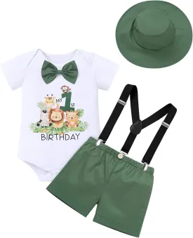 OBEEII First Birthday Outfit Baby Boy Cake Smash Outfit Safari Zookeeper Animal Lion Bow Tie Romper   Suspender Shorts   Hat