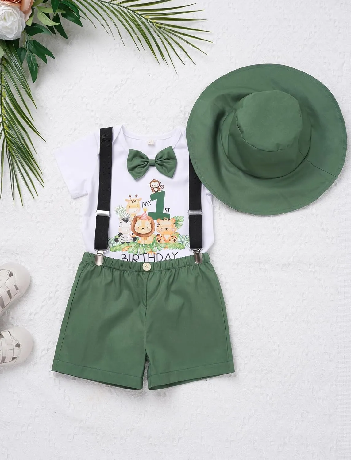 OBEEII First Birthday Outfit Baby Boy Cake Smash Outfit Safari Zookeeper Animal Lion Bow Tie Romper   Suspender Shorts   Hat